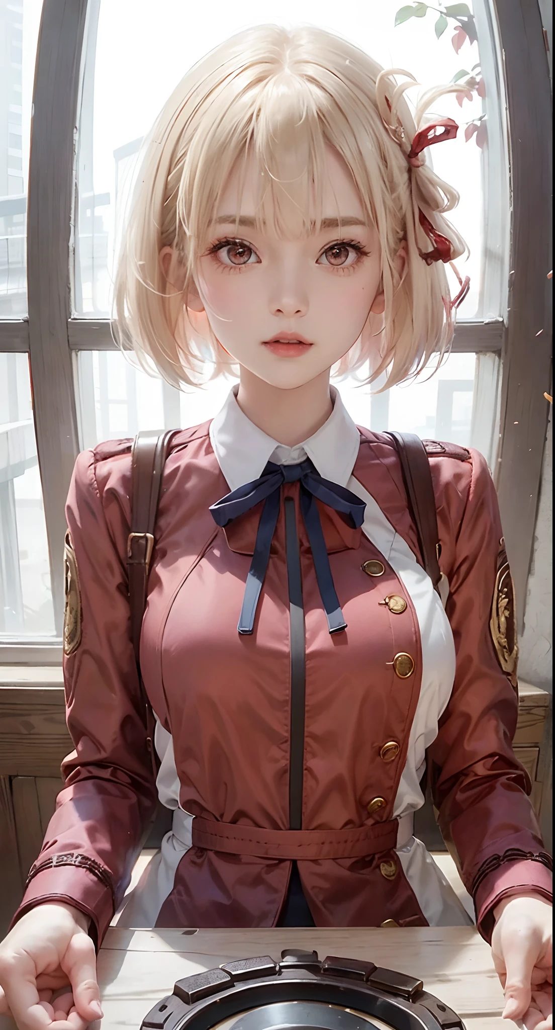 1girl, solo, ribbon, neck ribbon, short hair, blonde hair, looking at viewer, red jacket, indoors, long sleeves, window, buttons, bangs, hair ribbon, hair ornament, sitting