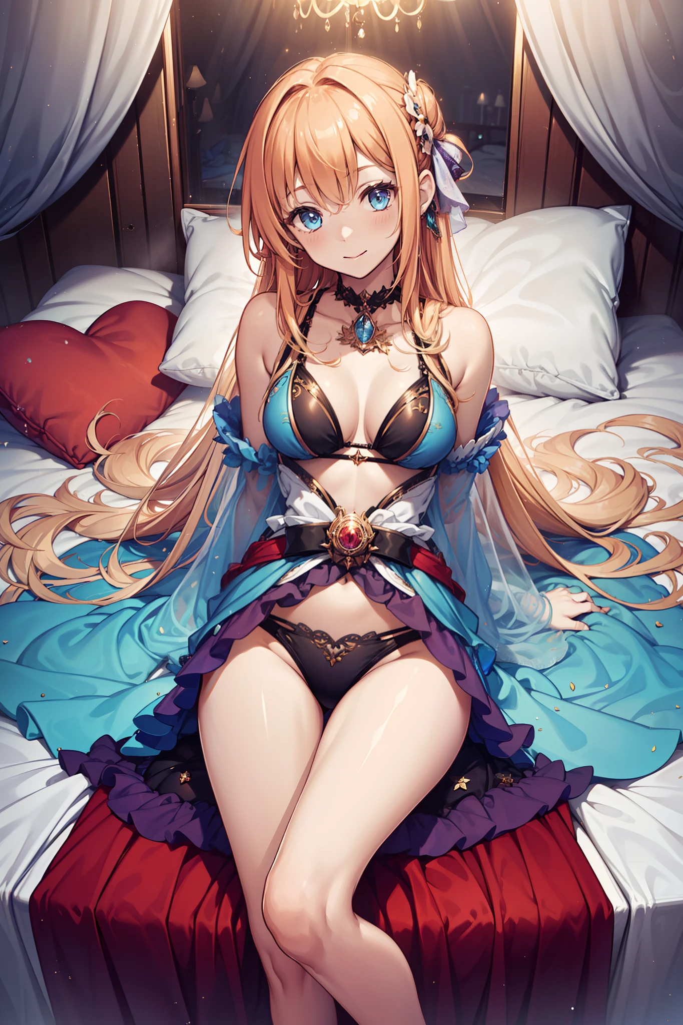 teens girl，Enchanted，having fun，Being in love，Princess dress，Deep black bikini，Light purple cloth，see-through sleeves，Transparent skirt，exquisite costumes，inside in room，Dark scene，natta，solo person，(blond hairbl)，(pale blue color eyes)，pillow head，(Lie down)，(Extremely detailed CG unity),
