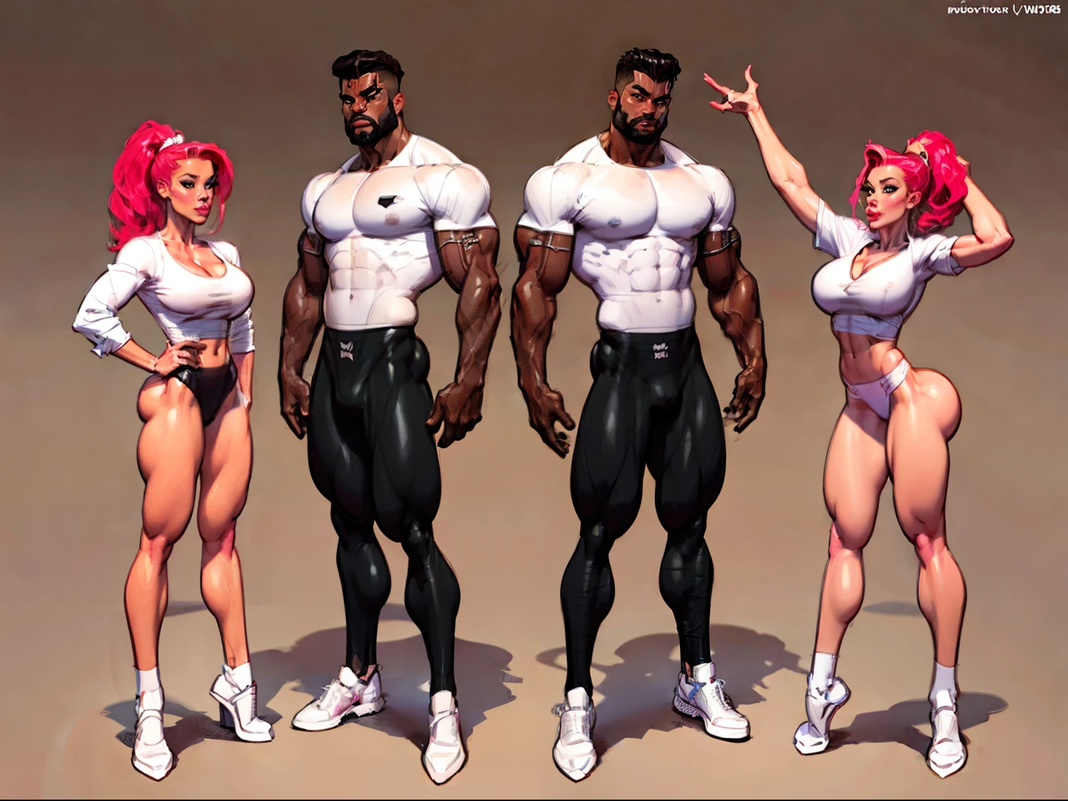 ((masterpiece)),(((best quality))),((character design sheet)), illustration,1man, boy, 1 girl, 1 woman, environment Scene change, ((man is (pompadour:0.9)(black skin:1.1)), muscular, (white shirt:1.2), white underwear, masculine, rugged, manly, sharp edges, heroic, pink legs, thick legs,)) (woman is redhead with ponytail,((puffy lips))) scribbles and marks, rough sketches, pose too, color palette, 8k,16k, (simple background, light background: 1.3)
