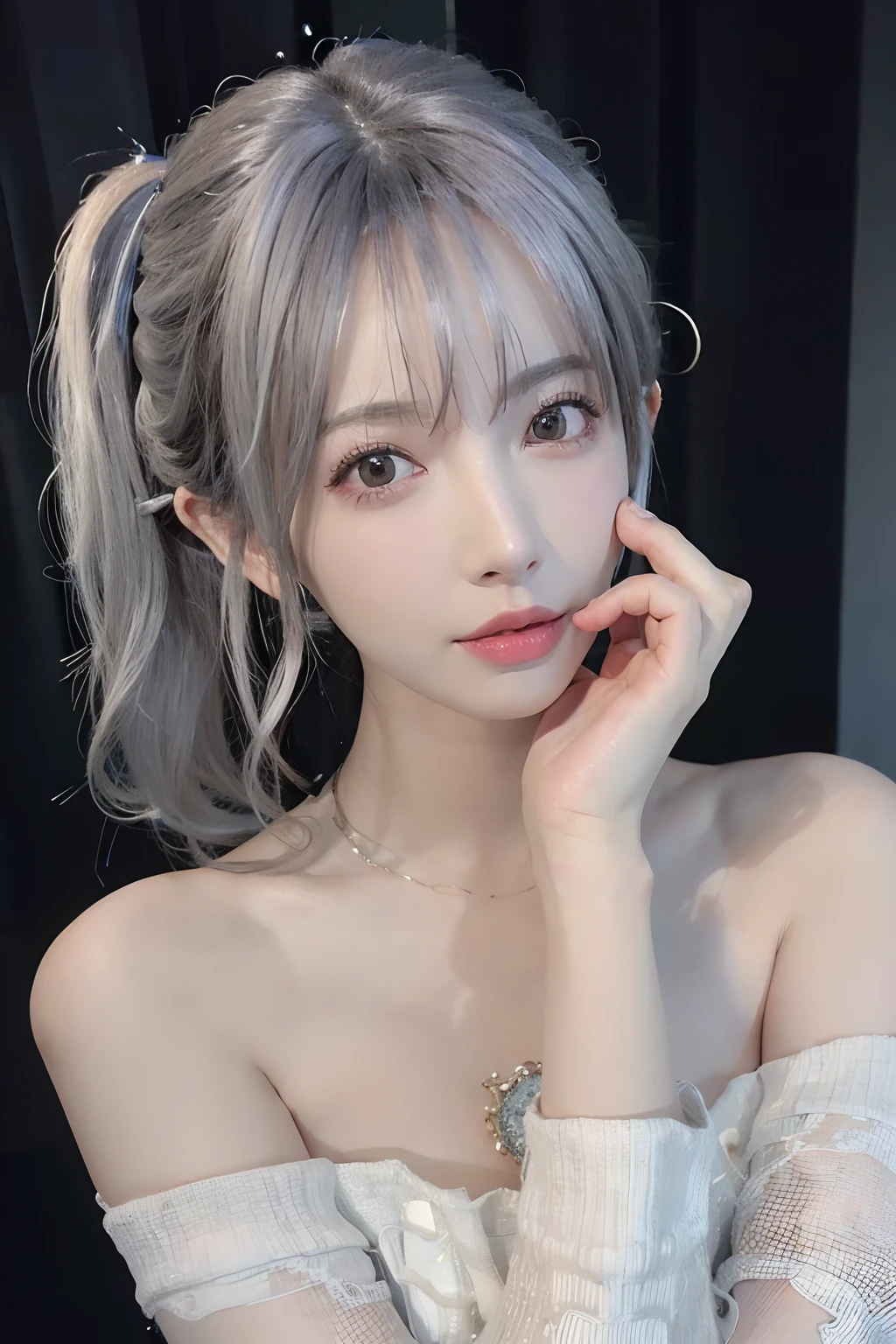 (masseter membrane:1.3)、(8K、真实感、Original photography、top-quality: 1.4)、(1 girl in)、Nice face、(lifelike face)、(White hair、Medium hair:1.3)、Beautiful hairstyle、photorealistic eye、beautifuldetails、（real looking skin）、Beautiful skins、（花魁）、Huang Li、The cleavage is tempting、超高分辨率、Surreal、high detal、the golden ratio、bright sun light、curlies