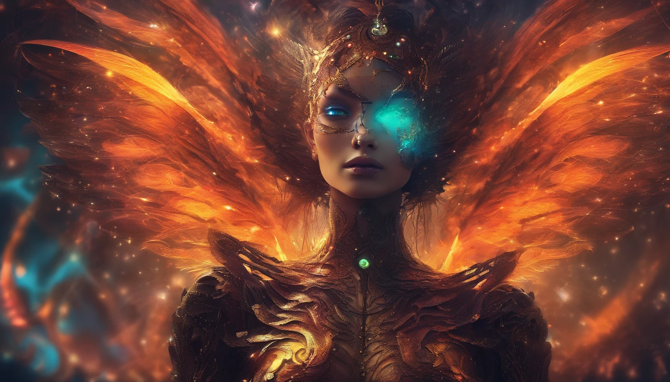Cosmic Fallen Angel, glowing light eyes, Delicate and beautiful face，Bigchest，Biomechanical, eerie, Dream-like, Very bright colors, Light particles, with light glowing, Mshiv, wallpaper art, UHD wallpaper