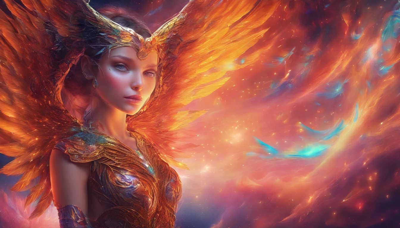Cosmic Fallen Angel, glowing light eyes, Delicate and beautiful face，Bigchest，Biomechanical, eerie, Dream-like, Very bright colors, Light particles, with light glowing, Mshiv, wallpaper art, UHD wallpaper