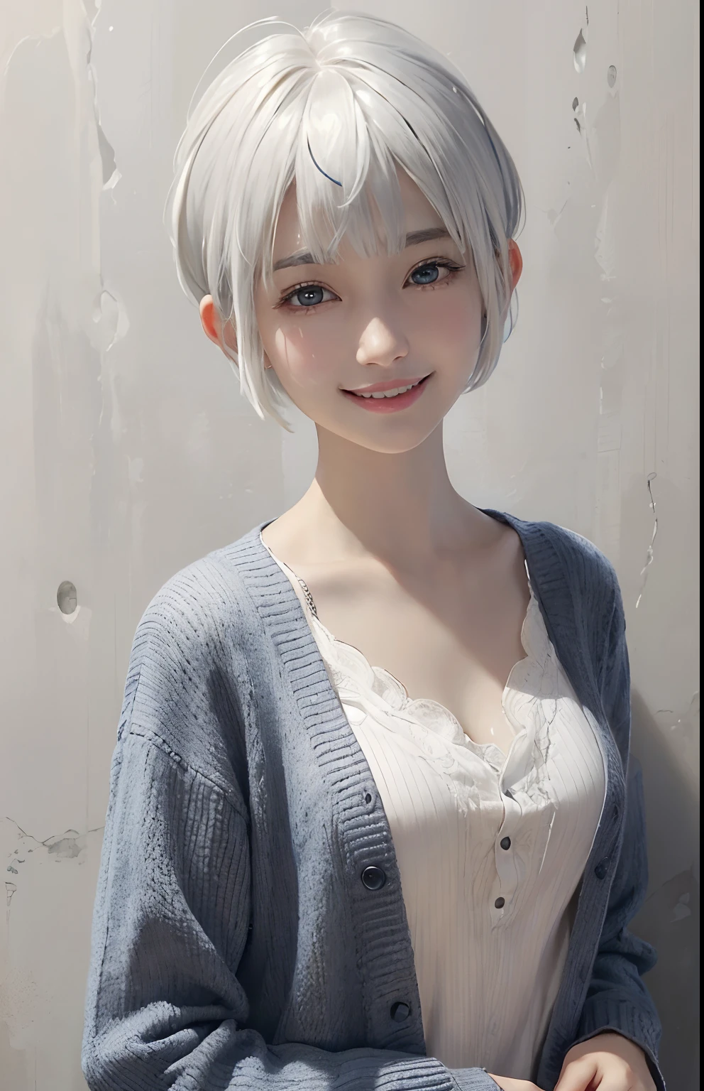 (A hyper-realistic)、(illustratio)、(hight resolution)、(8K)、(ighly detailed)、(Best Illustration)、(beautifully detailed eyes)、(top-quality)、(ultra-detailliert)、(masterpiece)、(wall-paper)、(A detailed face)、独奏、1 girl in、looking at viewert、fine detailed、A detailed face、Bright sunlight、deep-shadows、lowkey、pureerosfaceace_v1、A smile、a pixie cut、cardigan、46-point diagonal bangs、white hair