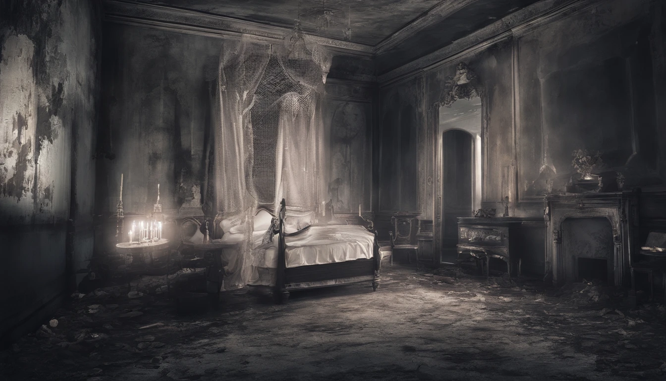 (best quality,4k,8k,highres,masterpiece:1.2),ultra-detailed,(realistic,photorealistic,photo-realistic:1.37),creepy hotel,white candles,dripping blood,shattered and tattered,haunted ambiance,overtaken by darkness,forlorn abandoned rooms,unearthly atmosphere,spooky dolls,dusty corridors,eerie glow from the moonlight,enigmatic shadows,whispering secrets,vintage wallpaper peeling off,chilling presence,mysterious figures lurking in the corners,creepy dolls' eyes following your every move,distorted reflections,dreadful aura,winds whispering unheard tales,ancient curse,mysterious stains on the walls,broken mirrors reflecting lost souls,echoing footsteps from the past,haunting whispers in the wind,unsettling silence,intense sense of unease,hauntingly beautiful,haunted memories,phantom-like figures,sinister secrets,negative energy,dark corridors leading to unknown realms,possessed objects,the scent of decay and mystery,intricate details of decay and abandonment,lone flickering candle revealing hidden horrors,unseen spirits capturing lost moments in time,supernatural occurrences,ghostly apparitions,walls oozing a sense of dread,disrupted sense of reality,unexplained phenomena,lurking darkness.