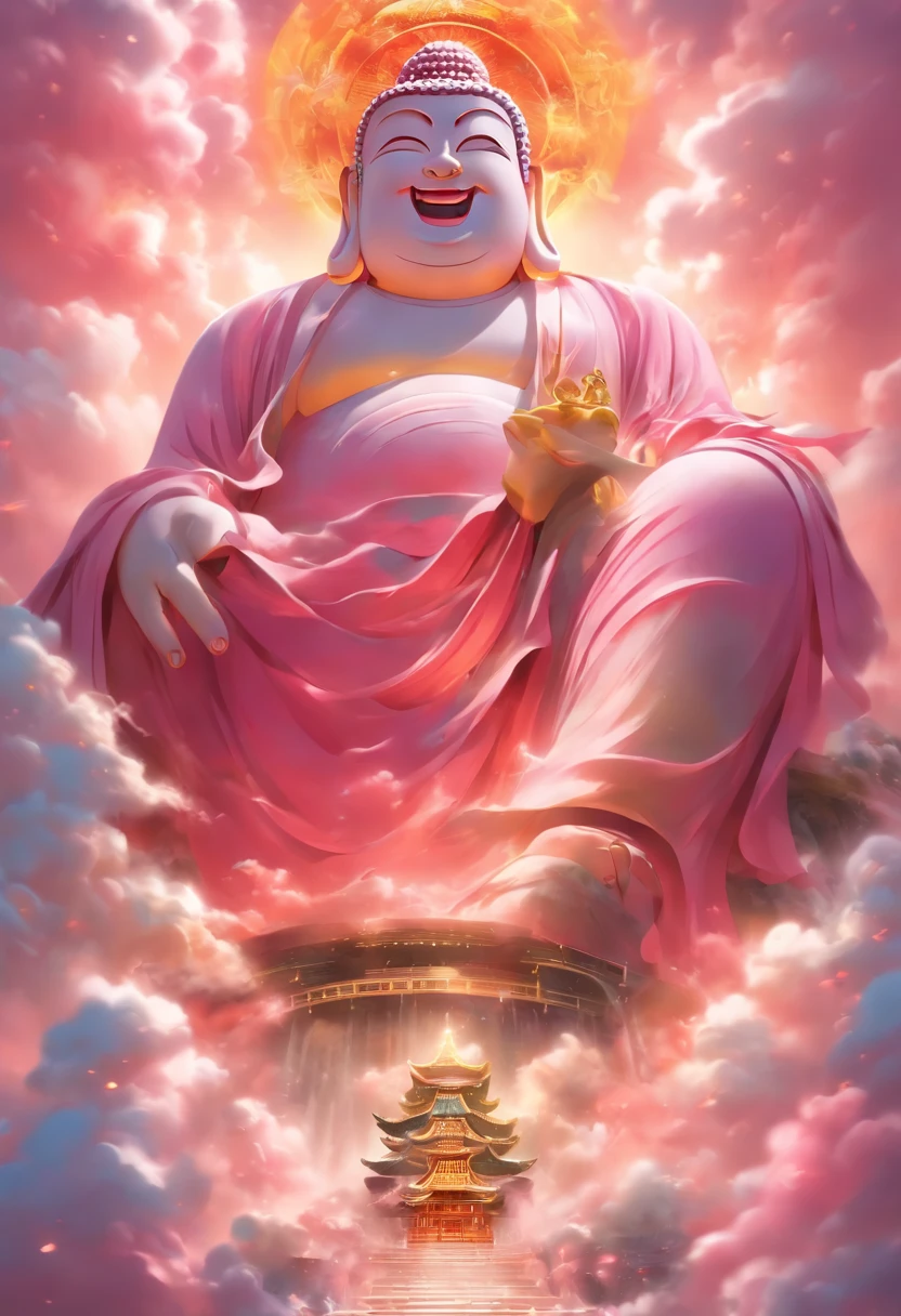 ((masutepiece)),(Best quality)),China style,In the sky, The clouds form a huge transparent shiny white jade Maitreya Buddha statue,Thick clouds,and the sun was shining brightly,Pilgrims on the road,Hyper-realistic,Ultra photo realsisim,Pink,8K,High definition,high qulity,Works of masters,super-fine,(((OC renderer)))