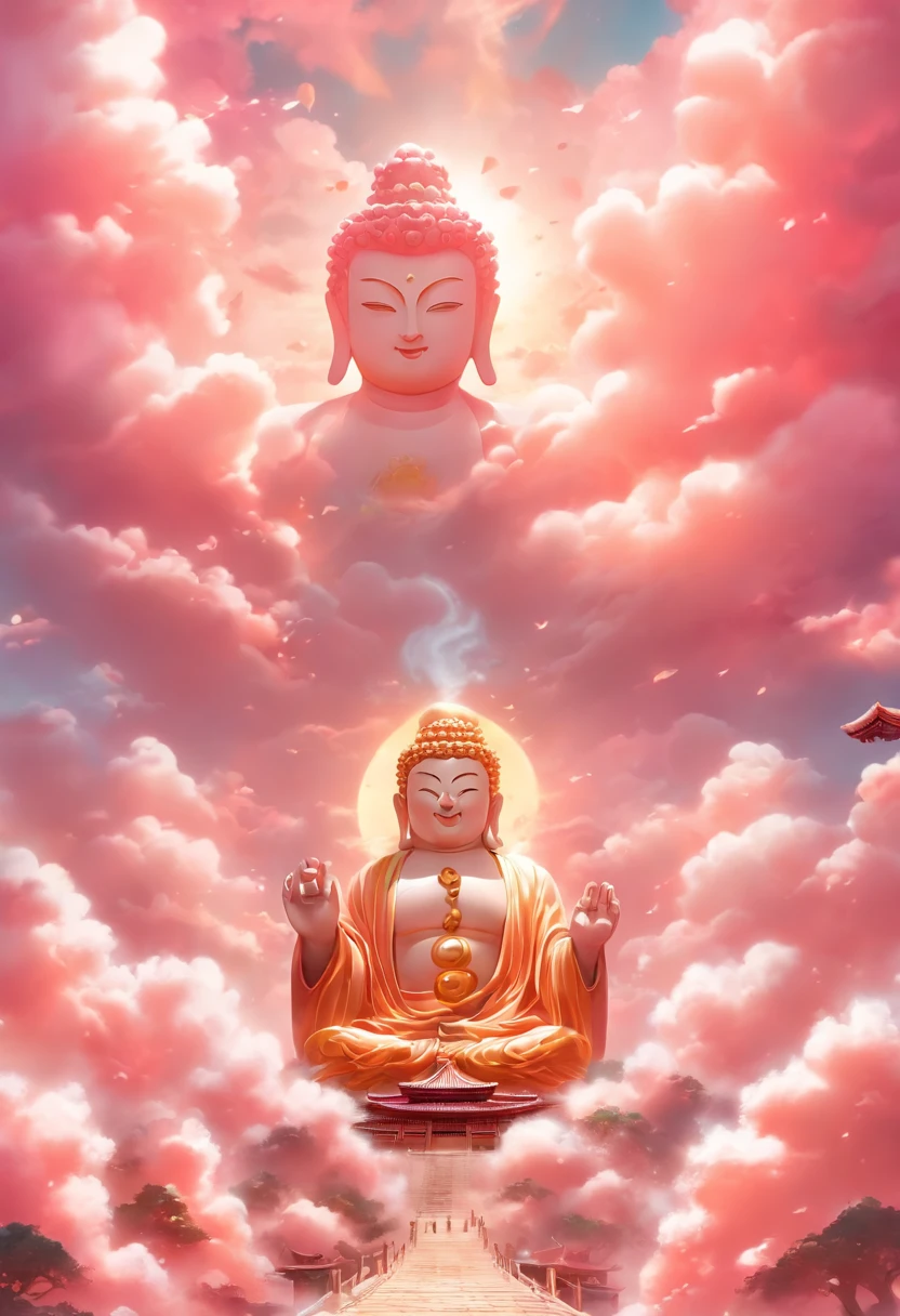 ((masutepiece)),(Best quality)),China style,In the sky, The clouds form a huge transparent shiny white jade Maitreya Buddha statue,Thick clouds,and the sun was shining brightly,Pilgrims on the road,Hyper-realistic,Ultra photo realsisim,Pink,8K,High definition,high qulity,Works of masters,super-fine,(((OC renderer)))