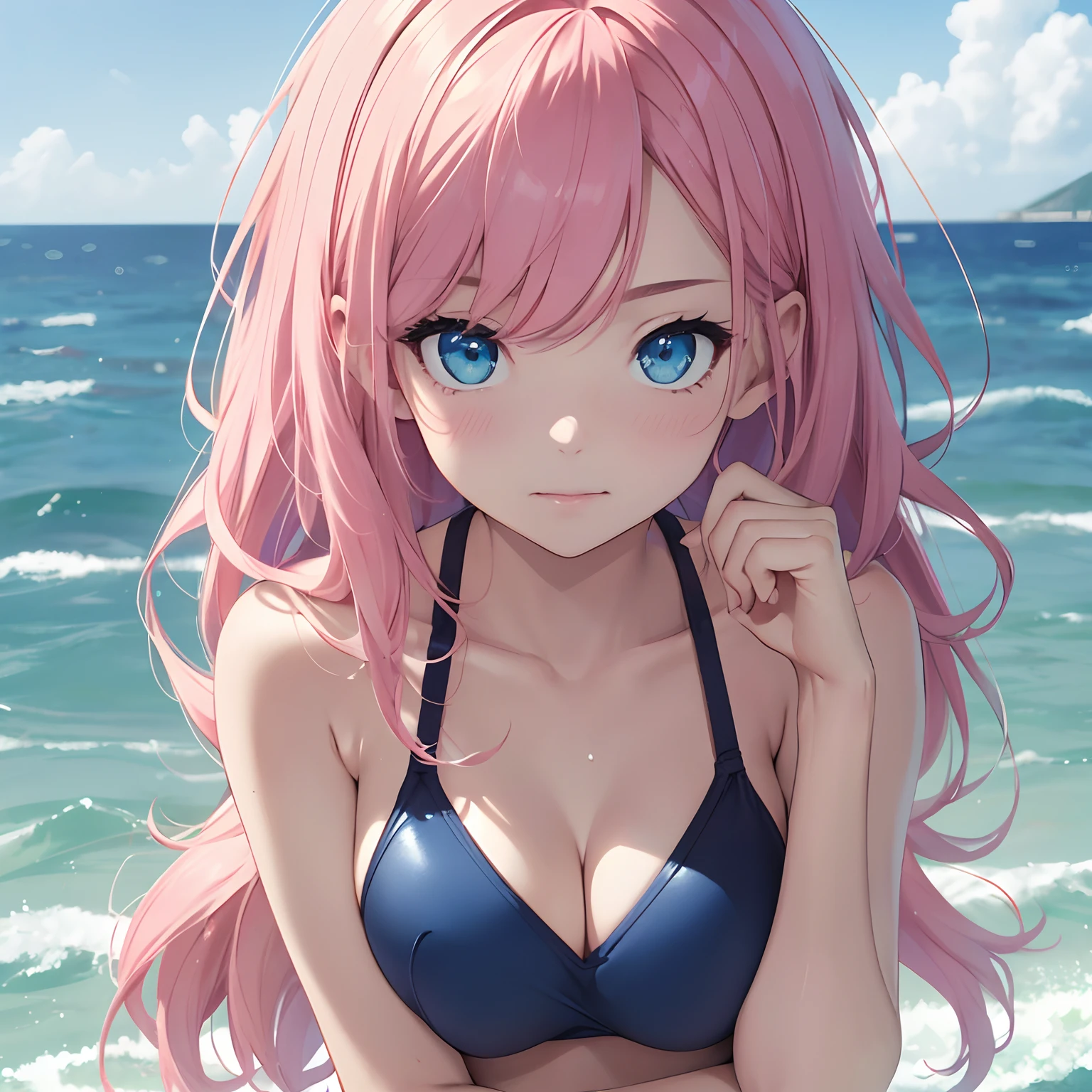 swim wears、hposing Gravure Idol、A pink-haired(top-quality:1.5, hightquality:1.3, 8K:1.2, masterpiece:1.2, depth of fields, Ocean Eyes, Manga style, fulcolor, Highly detailed blue eyes)