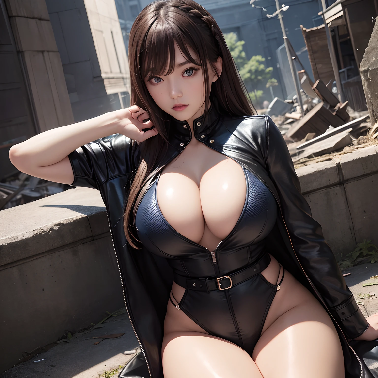 super high image, super detail, super high resolution, portrait, perfect female, beautiful, cute, sexy, amorous expression, lewd expression, orgasm, light brown glossy braided bangs hair, blue sparkling big eyes, abs, huge breasts, under boobs, side boobs, great proportion, perfect proportion, black leather rider long coat, black engineer boots, midnight, ruins, piles of rubble, puddles, iridescent, professional lighting