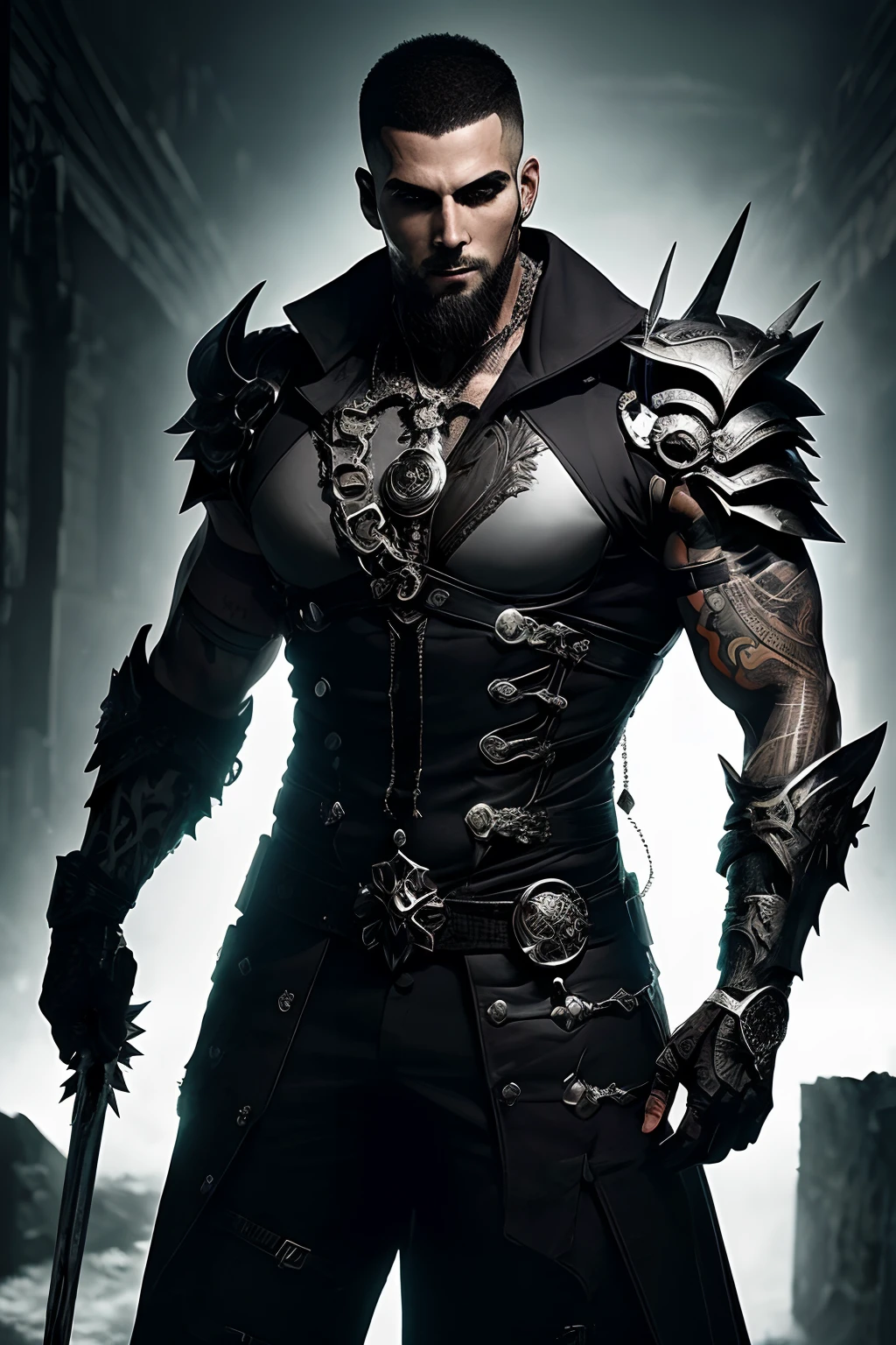 dark and torn, ((ung man and beautiful muscular body leather clothing:1.6)), fierce expression, holding a gun, (colors on his clothes, warm, orange, yellow, violet: 1.3), standing on a desolate terrain , dramatic lighting, intense shadows, gritty texture, high contrast, vibrant colors, dynamic pose, powerful stance, rough background, explosive atmosphere, dystopian theme, surreal elements, digitally painted illustration, HD resolution, intricate details, dramatic composition, avant-garde brush strokes and chaotic, gothic style, intense emotions, epic scale, raw and gritty feel, captivating and provocative artwork.