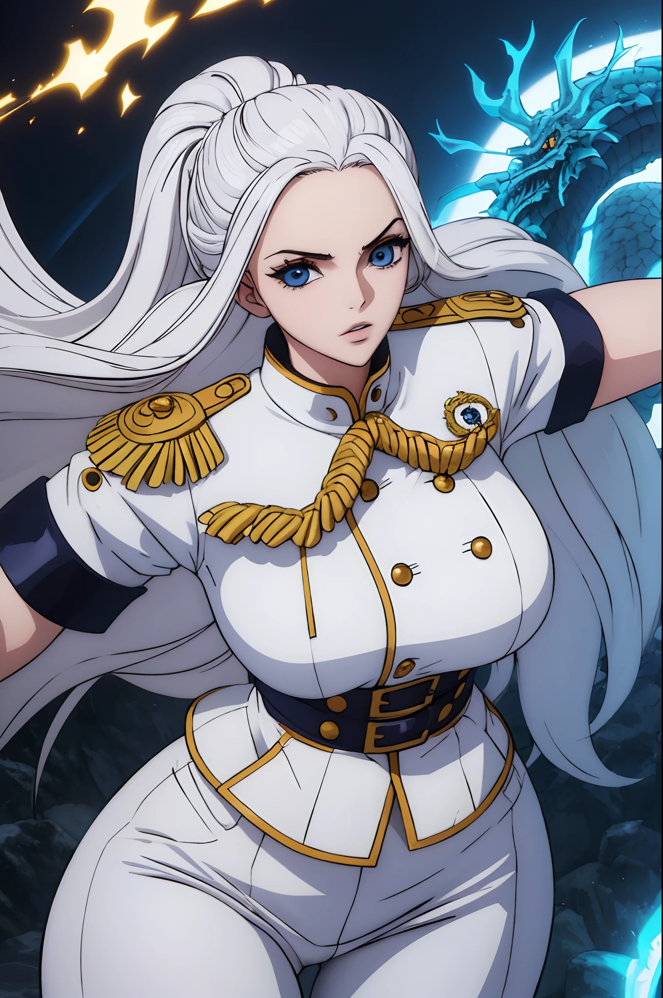 (masterpiece), best quality, expressive eyes, perfect face, 1girl, long hair, white hair, huge breasts, large breasts, thick thighs, curvilinear waist, blue shirt, white pants uniform, muscular female, dark blue eyes, gold adornments, curvy waist, juicy waist, with lightning around the body, dragon girl, monster girl, Navy Army Uniform, with a cut scar on his left eye, wearing a monocle, mature female, oriental dragon, chinese dragon on sky, capitain hat