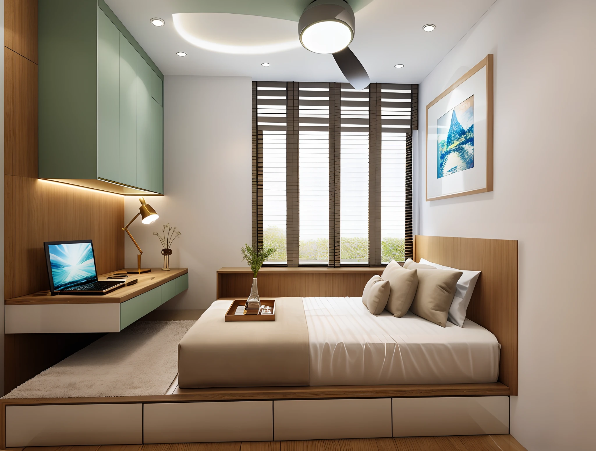BEDROOM, indoor, cozy atmosphere. day light, homely