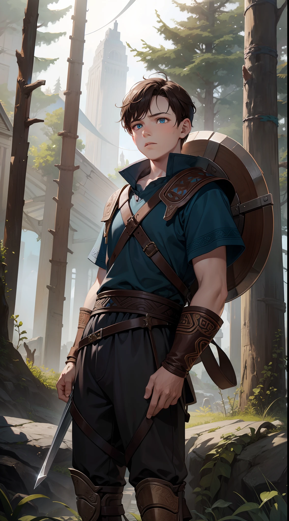 young boy, Atreus (God of War), brown hair, Cyan eyes, Hunter's clothes, Viking, Masterpiece, hiquality, high detail, HD, 4k