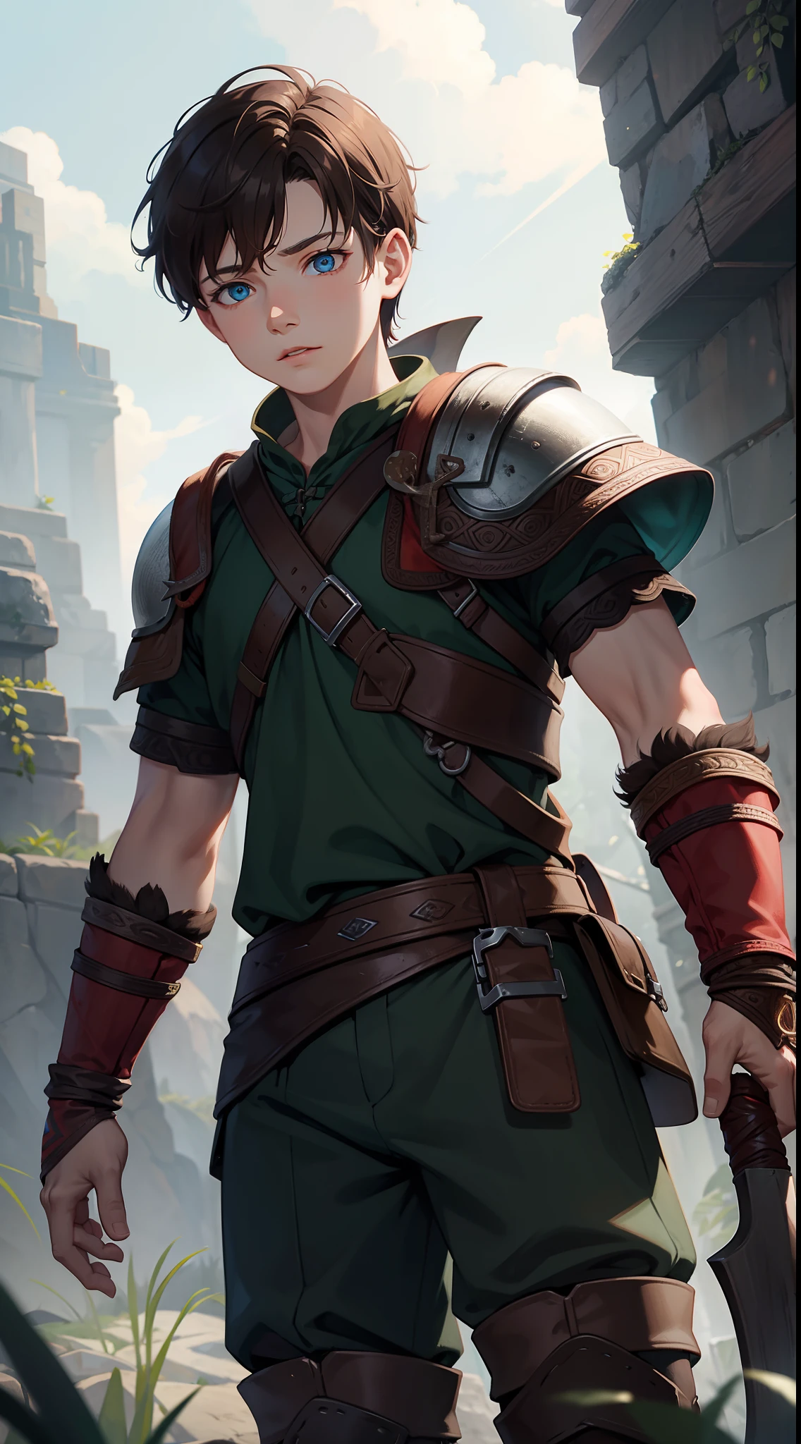 young boy, Atreus (God of War), brown hair, Cyan eyes, Hunter's clothes, Viking, Masterpiece, hiquality, high detail, HD, 4k