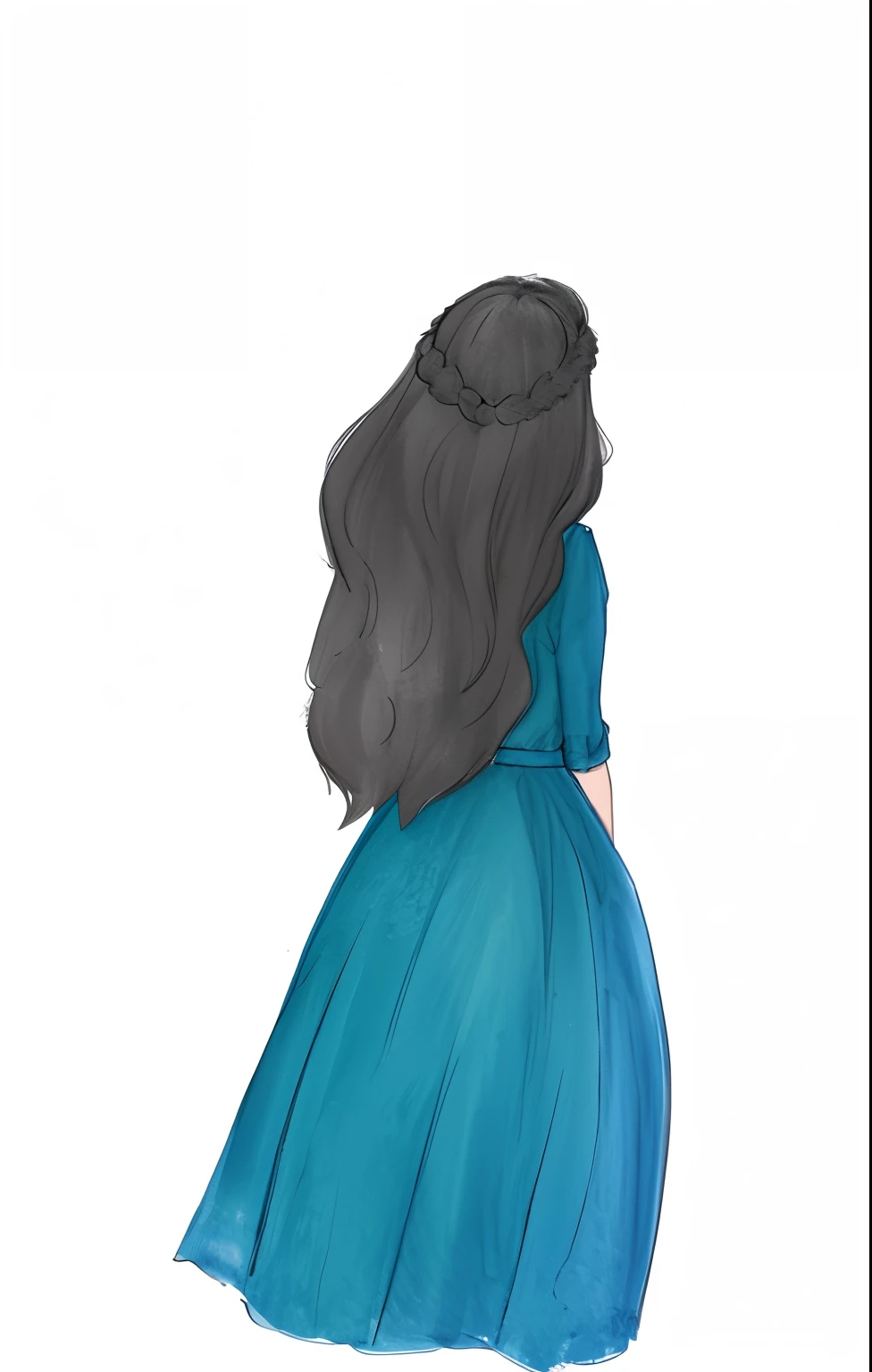 There is a drawing of a woman in a blue dress, Luthien, No estilo de arte de Bowater, senhora semi-virada em vestido de noite, colorful sketch, full-colour illustration, a mulher tem longos cabelos escuros, em um manto com cabelos longos, Estilo de Charlie Bowater, inspirado em Sophie Pemberton, desenho colorido, cor plana