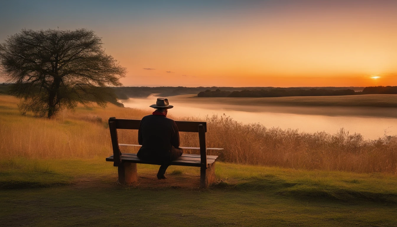 Um homem sentado em um banco no meio de uma estrada lamacenta e uma bela paisagem da natureza, Final da tarde,
