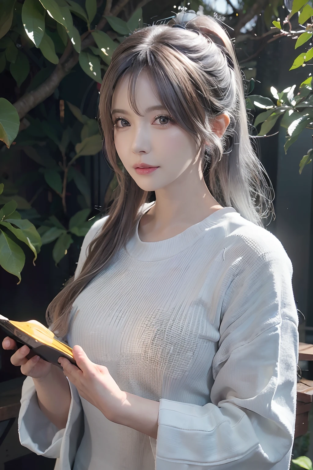 (masuter piece:1.3)、(8K、Photorealsitic、Raw photography、top-quality: 1.4)、(1girl in)、beautiful countenance、(Lifelike face)、(white  hair、Medium hair:1.3)、Beautiful hairstyle、realisticeyes、Beautiful details、（real looking skin）、Beautiful skins、（Sweaters）、absurderes、enticing、超A high resolution、A hyper-realistic、high-detail、the golden ratio、Bright sunlight、Short ponytail