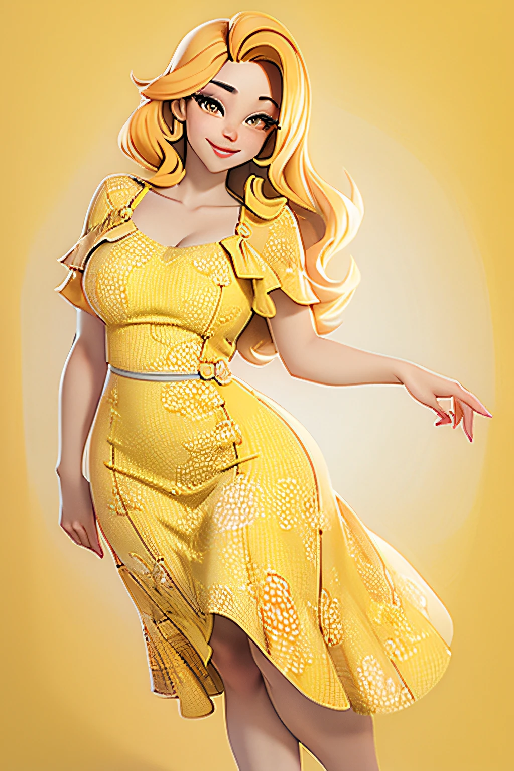 A beautiful woman in her mid-twenties, her curves accentuated by a bright yellow sundress, her eyes captivating with a hint of allure, her lips curved into a beguiling smile.