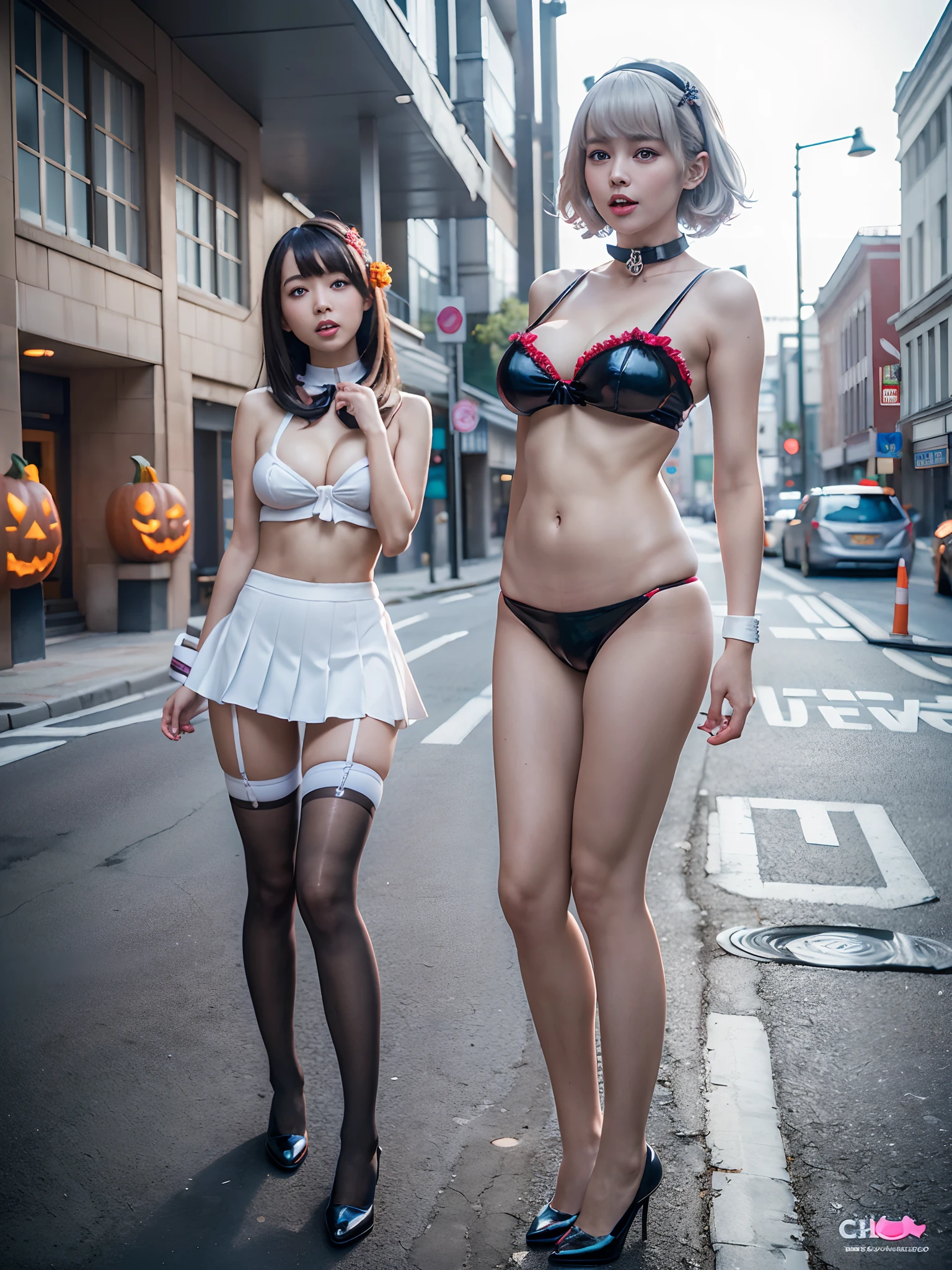 (Halloween Schoolgirls ), (masterpiece:1.2, best quality, photorealistic:1.37), {(Standing Full Body:1.2)|(from below:1.2)}, short silver hair, (naked bandage), (Detailed KAWAII face, Detailed Oily Porcelain skin), {Bustling street|(Passerby schoolgirls)| halloween| neon| spider web}, {(Childish:1.2|Gigantic Cleavage:1.37|Underboob:1.2)}, {flower wreath|Red leather high collar}, {Floating hair|Strong wind|Ass focus},{:p|:d|laugh|sparkle|joyful|delighted},
