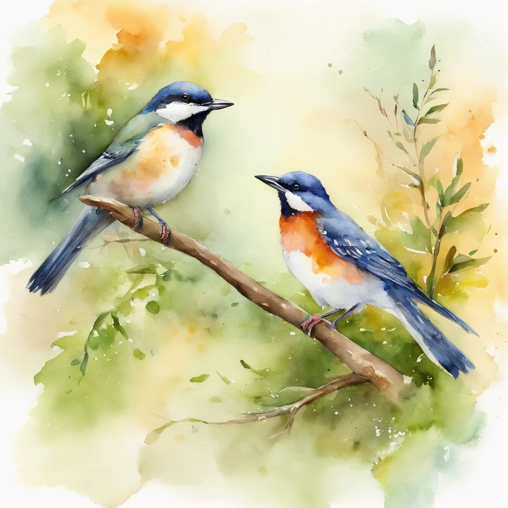 watercolor paiting, birds, Fisher, In watercolor, aquarelle, 4K resolution, white backgrounid, PastelColors