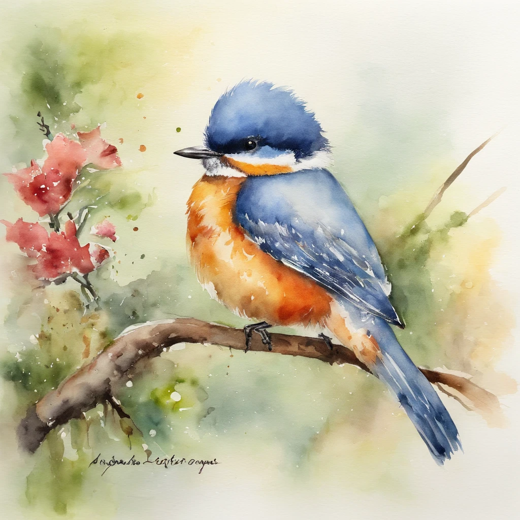 watercolor paiting, birds, Fisher, In watercolor, aquarelle, 4K resolution, white backgrounid, PastelColors