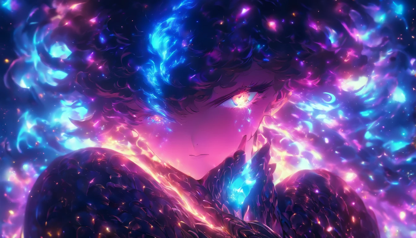 Cosmic Fallen Angel, glowing light eyes, Delicate and beautiful face，Bigchest，Biomechanical, eerie, Dream-like, Very bright colors, Light particles, with light glowing, Mshiv, wallpaper art, UHD wallpaper
