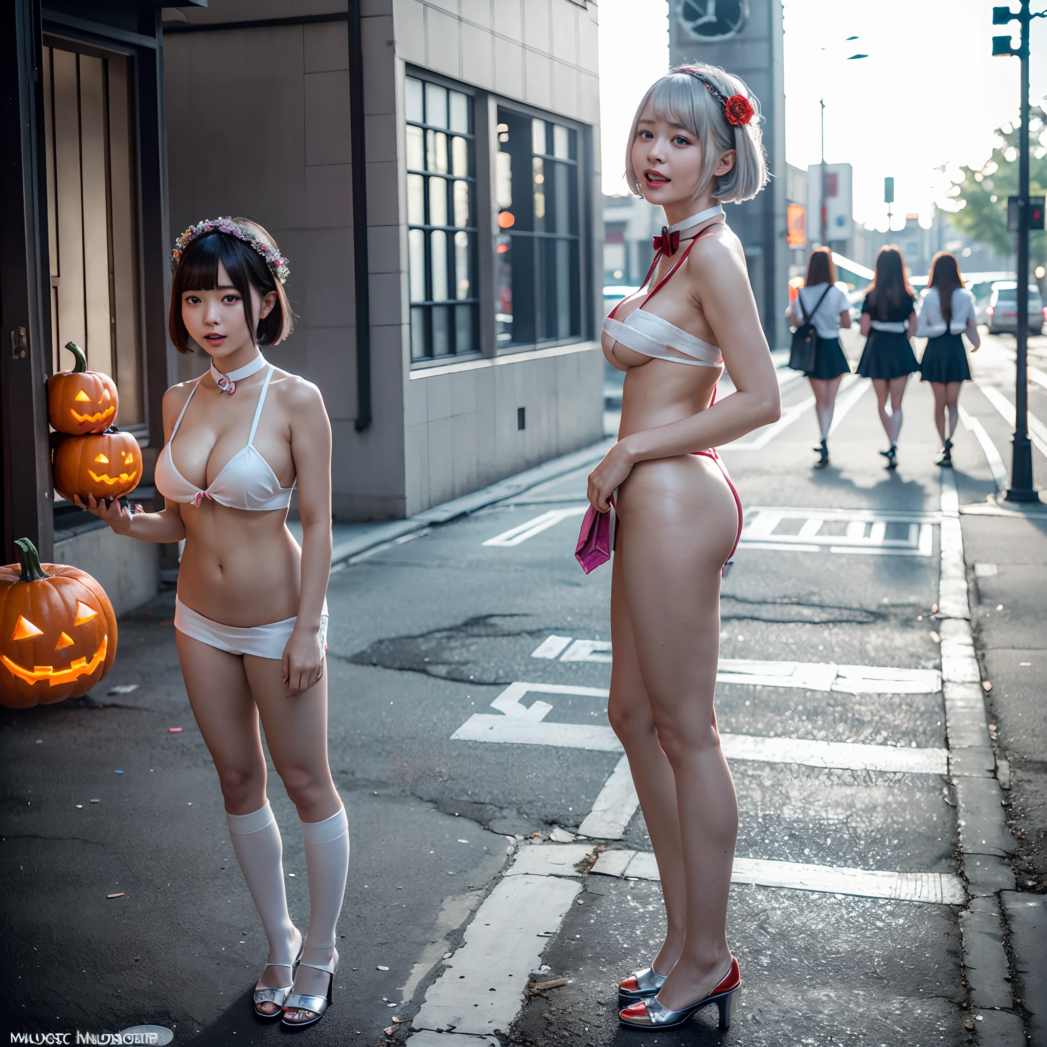 (Halloween Schoolgirls and Naked bandage girl), (masterpiece:1.2, best quality, photorealistic:1.37), {(Standing Full Body:1.2)|(from below:1.2)}, short silver hair, (naked bandage), (Detailed KAWAII face, Detailed Oily Porcelain skin), {Bustling street|(Passerby girls)| halloween| neon| spider web}, {(Childish:1.2|Gigantic Cleavage:1.37|Underboob:1.2)}, {flower wreath|Red leather high collar}, {Floating hair|Strong wind|Ass focus},{:p|:d|laugh|sparkle|joyful|delighted},