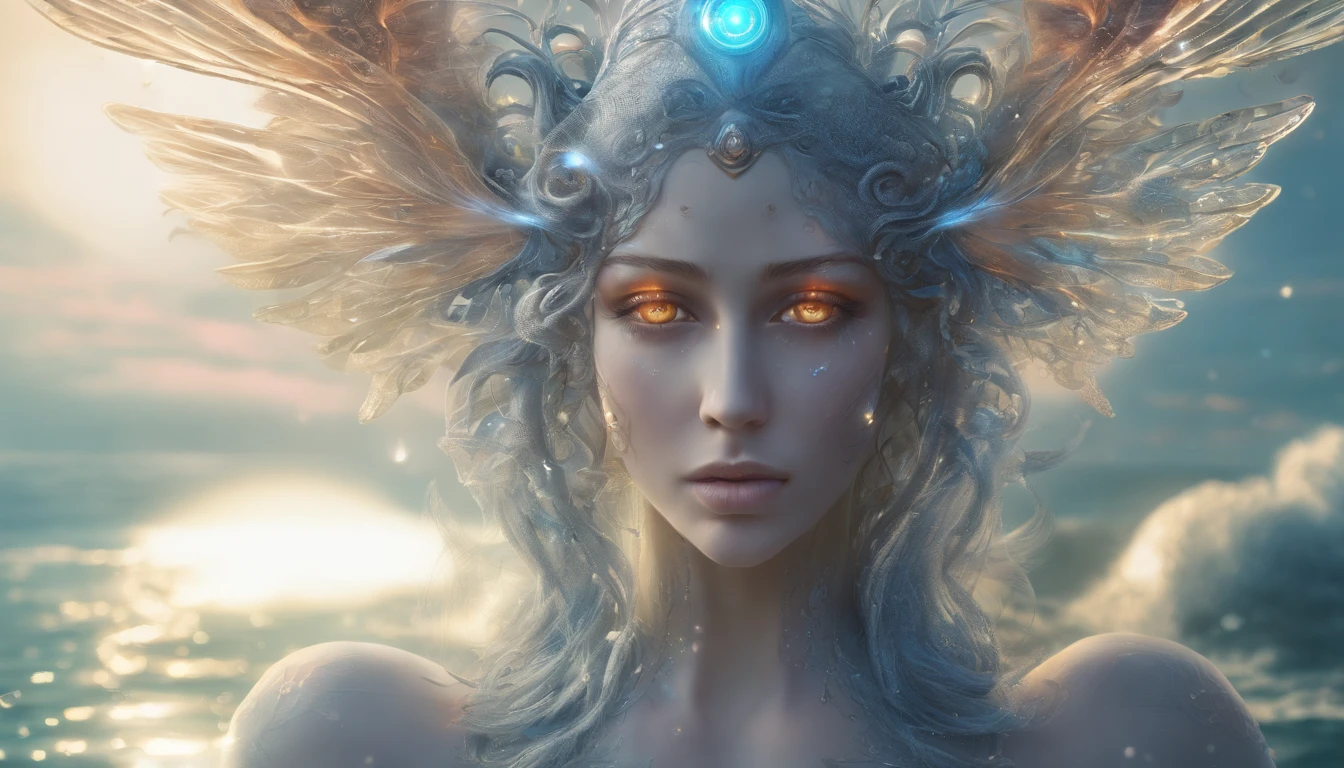 Cosmic Fallen Angel, glowing light eyes, Delicate and beautiful face，Bigchest，Biomechanical, eerie, Dream-like, Very bright colors, Light particles, with light glowing, Mshiv, wallpaper art, UHD wallpaper