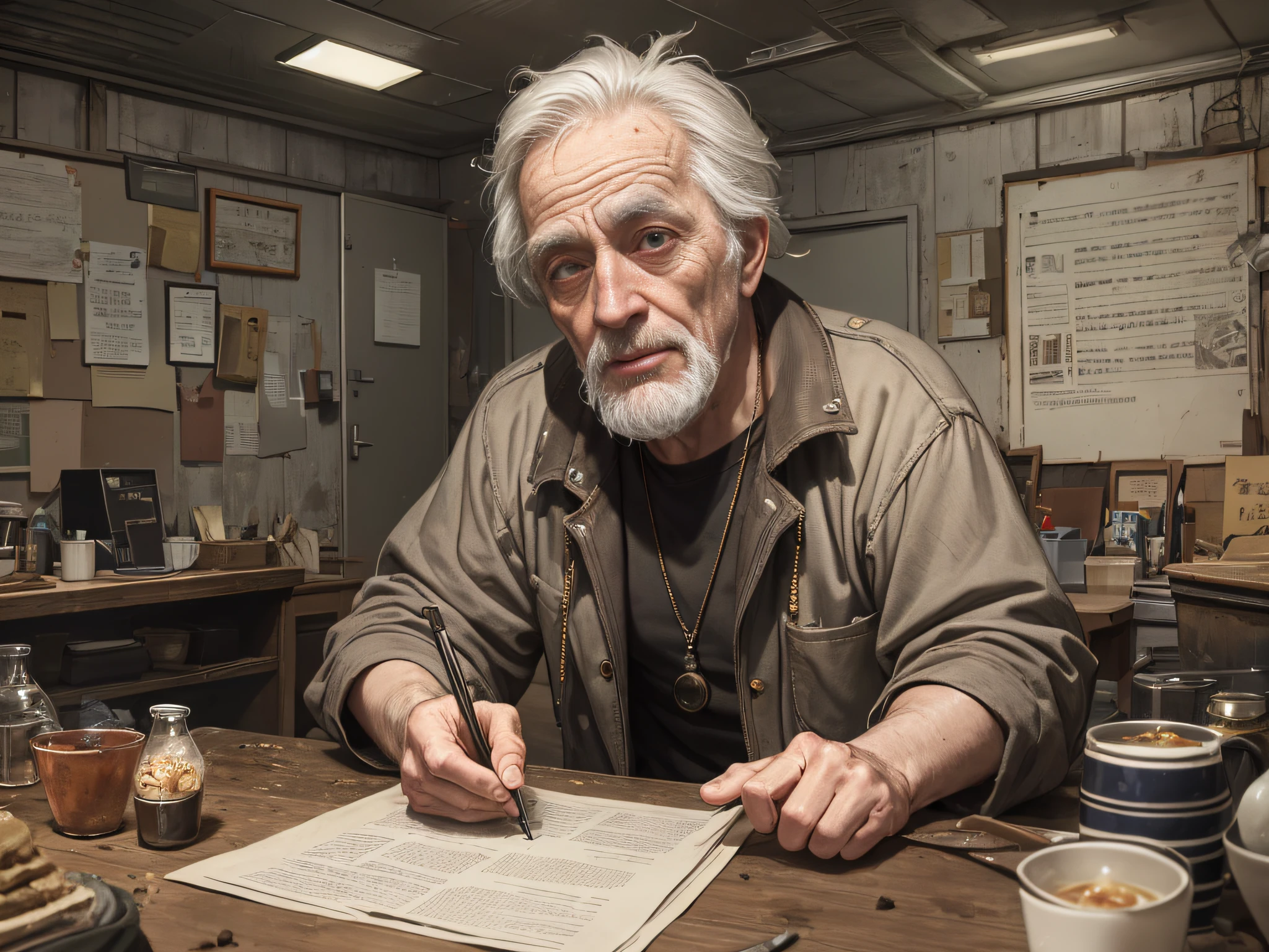 1 old man,Stand up,inside in room,emaciated,worn-out clothing,Dirty,big laughter,eventide((hyper realistic detailed)),Chinese Republic of China style,in a panoramic view,full bodyesbian,globalillumination,Clear facial features,with short black hair,worn-out clothing,scruffy,8k