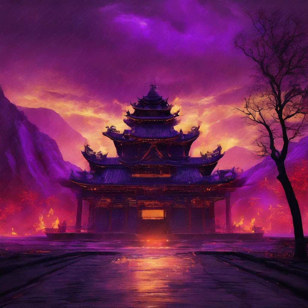 In heavy rain，（（A huge castle complex of ancient square-topped stones burning in the fire））The picture quality is excellent，Lightning，Yellow light fog，电影灯光，Natural, realistic colors，Full composition，The style refers to Van Gogh，Subject content，Burning wooden ancient domed stone giant castle game scene 1：60 miniatures，Lightning and lightning，Agate glass texture 32K（tmasterpiece，k hd，hyper HD，32K）Long flowing bright purple hair，Autumn Pond，zydink， a color， Asian people （Kizi）， （Red scarf）， Combat posture， looking at the ground， long whitr hair， Floating bright purple， Fire cloud pattern gold tiara， Chinese long-sleeved gold silk garment， （abstract ink splash：1.2）， white backgrounid，Lotus protector（realisticlying：1.4），Bright purple hair，Smoke on the road，The background is pure， A high resolution， the detail， RAW photogr， Sharp Re， Nikon D850 Film Stock Photo by Jefferies Lee 4 Kodak Portra 400 Camera F1.6 shots, Rich colors, ultra-realistic vivid textures, Dramatic lighting, Unreal Engine Art Station Trend, cinestir 800，Long flowing bright purple hair