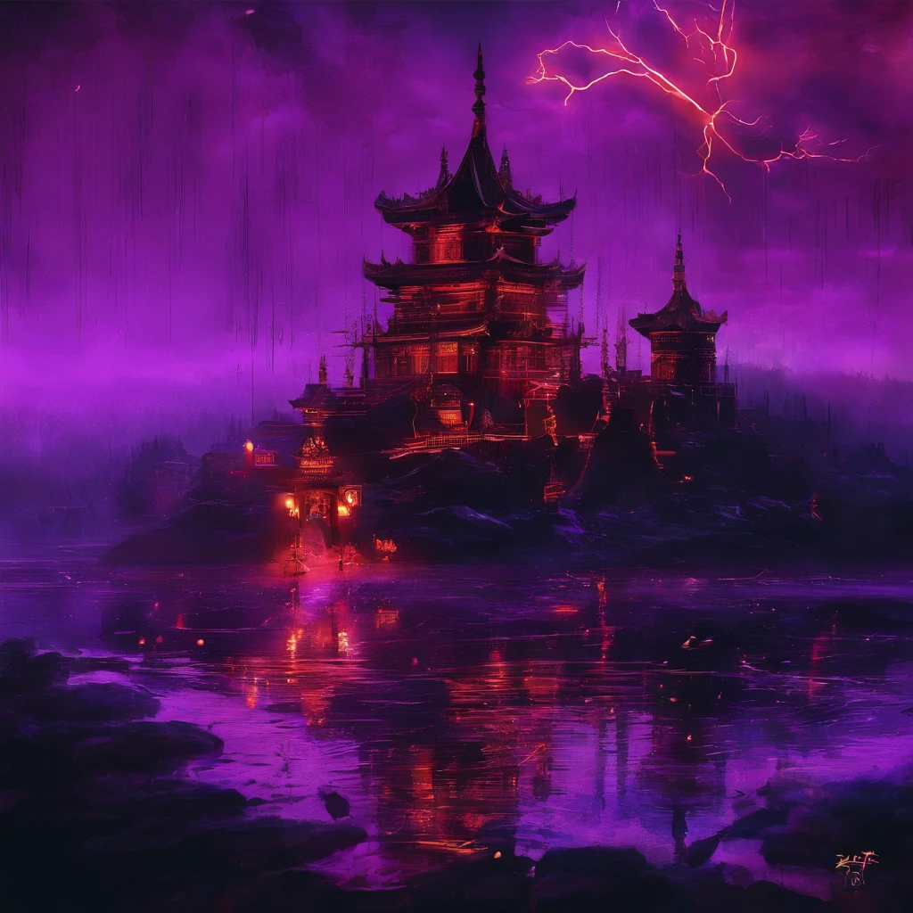 In heavy rain,((A huge castle complex of ancient square-topped stones burning in the fire))The picture quality is excellent,Lightning,Yellow light fog,电影灯光,Natural, realistic colors,Full composition,The style refers to Van Gogh,Subject content,Burning wooden ancient domed stone giant castle game scene 1:60 miniatures,Lightning and lightning,Agate glass texture 32K(tmasterpiece,k hd,hyper HD,32K)Long flowing bright purple hair,Autumn Pond,zydink, a color, Asian people (Kizi), (Red scarf), Combat posture, looking at the ground, long whitr hair, Floating bright purple, Fire cloud pattern gold tiara, Chinese long-sleeved gold silk garment, (abstract ink splash:1.2), white backgrounid,Lotus protector(realisticlying:1.4),Bright purple hair,Smoke on the road,The background is pure, A high resolution, the detail, RAW photogr, Sharp Re, Nikon D850 Film Stock Photo by Jefferies Lee 4 Kodak Portra 400 Camera F1.6 shots, Rich colors, ultra-realistic vivid textures, Dramatic lighting, Unreal Engine Art Station Trend, cinestir 800,Long flowing bright purple hair