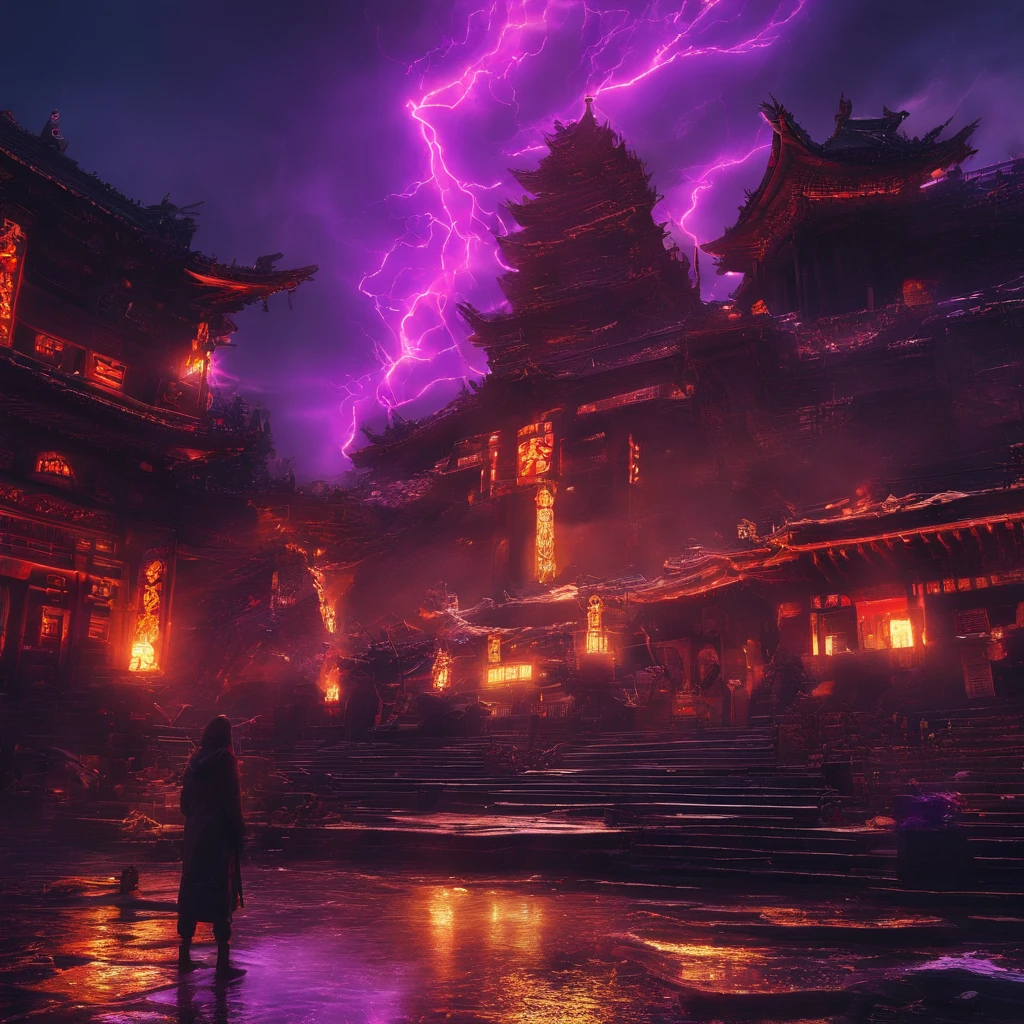 In heavy rain,((A huge castle complex of ancient square-topped stones burning in the fire))The picture quality is excellent,Lightning,Yellow light fog,电影灯光,Natural, realistic colors,Full composition,The style refers to Van Gogh,Subject content,Burning wooden ancient domed stone giant castle game scene 1:60 miniatures,Lightning and lightning,Agate glass texture 32K(tmasterpiece,k hd,hyper HD,32K)Long flowing bright purple hair,Autumn Pond,zydink, a color, Asian people (Kizi), (Red scarf), Combat posture, looking at the ground, long whitr hair, Floating bright purple, Fire cloud pattern gold tiara, Chinese long-sleeved gold silk garment, (abstract ink splash:1.2), white backgrounid,Lotus protector(realisticlying:1.4),Bright purple hair,Smoke on the road,The background is pure, A high resolution, the detail, RAW photogr, Sharp Re, Nikon D850 Film Stock Photo by Jefferies Lee 4 Kodak Portra 400 Camera F1.6 shots, Rich colors, ultra-realistic vivid textures, Dramatic lighting, Unreal Engine Art Station Trend, cinestir 800,Long flowing bright purple hair