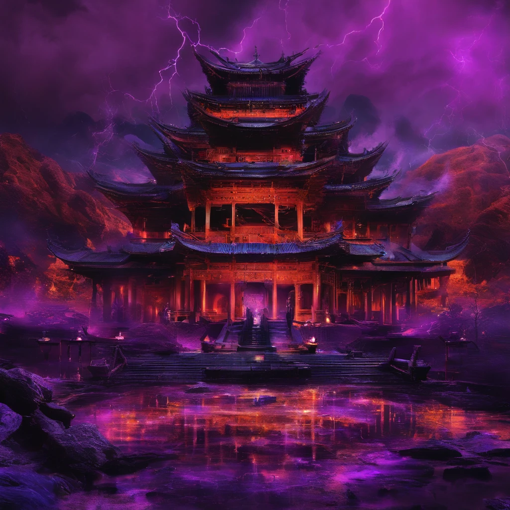 In heavy rain,((A huge castle complex of ancient square-topped stones burning in the fire))The picture quality is excellent,Lightning,Yellow light fog,电影灯光,Natural, realistic colors,Full composition,The style refers to Van Gogh,Subject content,Burning wooden ancient domed stone giant castle game scene 1:60 miniatures,Lightning and lightning,Agate glass texture 32K(tmasterpiece,k hd,hyper HD,32K)Long flowing bright purple hair,Autumn Pond,zydink, a color, Asian people (Kizi), (Red scarf), Combat posture, looking at the ground, long whitr hair, Floating bright purple, Fire cloud pattern gold tiara, Chinese long-sleeved gold silk garment, (abstract ink splash:1.2), white backgrounid,Lotus protector(realisticlying:1.4),Bright purple hair,Smoke on the road,The background is pure, A high resolution, the detail, RAW photogr, Sharp Re, Nikon D850 Film Stock Photo by Jefferies Lee 4 Kodak Portra 400 Camera F1.6 shots, Rich colors, ultra-realistic vivid textures, Dramatic lighting, Unreal Engine Art Station Trend, cinestir 800,Long flowing bright purple hair