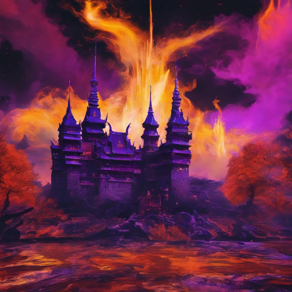 In heavy rain,((A huge castle complex of ancient square-topped stones burning in the fire))The picture quality is excellent,Lightning,Yellow light fog,电影灯光,Natural, realistic colors,Full composition,The style refers to Van Gogh,Subject content,Burning wooden ancient domed stone giant castle game scene 1:60 miniatures,Lightning and lightning,Agate glass texture 32K(tmasterpiece,k hd,hyper HD,32K)Long flowing bright purple hair,Autumn Pond,zydink, a color, Asian people (Kizi), (Red scarf), Combat posture, looking at the ground, long whitr hair, Floating bright purple, Fire cloud pattern gold tiara, Chinese long-sleeved gold silk garment, (abstract ink splash:1.2), white backgrounid,Lotus protector(realisticlying:1.4),Bright purple hair,Smoke on the road,The background is pure, A high resolution, the detail, RAW photogr, Sharp Re, Nikon D850 Film Stock Photo by Jefferies Lee 4 Kodak Portra 400 Camera F1.6 shots, Rich colors, ultra-realistic vivid textures, Dramatic lighting, Unreal Engine Art Station Trend, cinestir 800,Long flowing bright purple hair