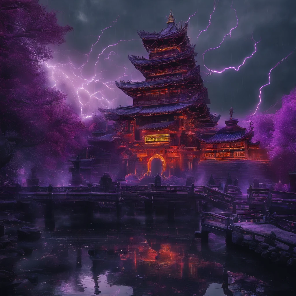 In heavy rain，（（A huge castle complex of ancient square-topped stones burning in the fire））The picture quality is excellent，Lightning，Yellow light fog，电影灯光，Natural, realistic colors，Full composition，The style refers to Van Gogh，Subject content，Burning wooden ancient domed stone giant castle game scene 1：60 miniatures，Lightning and lightning，Agate glass texture 32K（tmasterpiece，k hd，hyper HD，32K）Long flowing bright purple hair，Autumn Pond，zydink， a color， Asian people （Kizi）， （Red scarf）， Combat posture， looking at the ground， long whitr hair， Floating bright purple， Fire cloud pattern gold tiara， Chinese long-sleeved gold silk garment， （abstract ink splash：1.2）， white backgrounid，Lotus protector（realisticlying：1.4），Bright purple hair，Smoke on the road，The background is pure， A high resolution， the detail， RAW photogr， Sharp Re， Nikon D850 Film Stock Photo by Jefferies Lee 4 Kodak Portra 400 Camera F1.6 shots, Rich colors, ultra-realistic vivid textures, Dramatic lighting, Unreal Engine Art Station Trend, cinestir 800，Long flowing bright purple hair