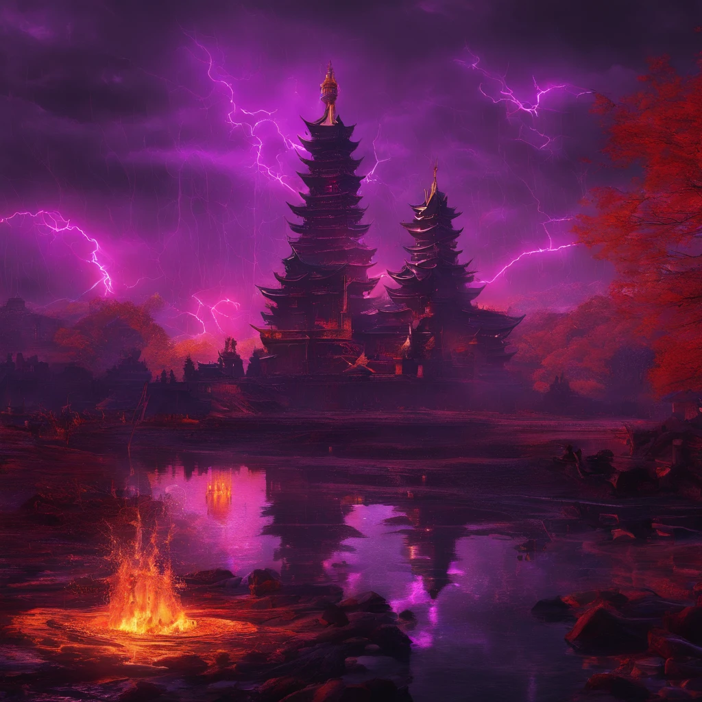 In heavy rain,((A huge castle complex of ancient square-topped stones burning in the fire))The picture quality is excellent,Lightning,Yellow light fog,电影灯光,Natural, realistic colors,Full composition,The style refers to Van Gogh,Subject content,Burning wooden ancient domed stone giant castle game scene 1:60 miniatures,Lightning and lightning,Agate glass texture 32K(tmasterpiece,k hd,hyper HD,32K)Long flowing bright purple hair,Autumn Pond,zydink, a color, Asian people (Kizi), (Red scarf), Combat posture, looking at the ground, long whitr hair, Floating bright purple, Fire cloud pattern gold tiara, Chinese long-sleeved gold silk garment, (abstract ink splash:1.2), white backgrounid,Lotus protector(realisticlying:1.4),Bright purple hair,Smoke on the road,The background is pure, A high resolution, the detail, RAW photogr, Sharp Re, Nikon D850 Film Stock Photo by Jefferies Lee 4 Kodak Portra 400 Camera F1.6 shots, Rich colors, ultra-realistic vivid textures, Dramatic lighting, Unreal Engine Art Station Trend, cinestir 800,Long flowing bright purple hair