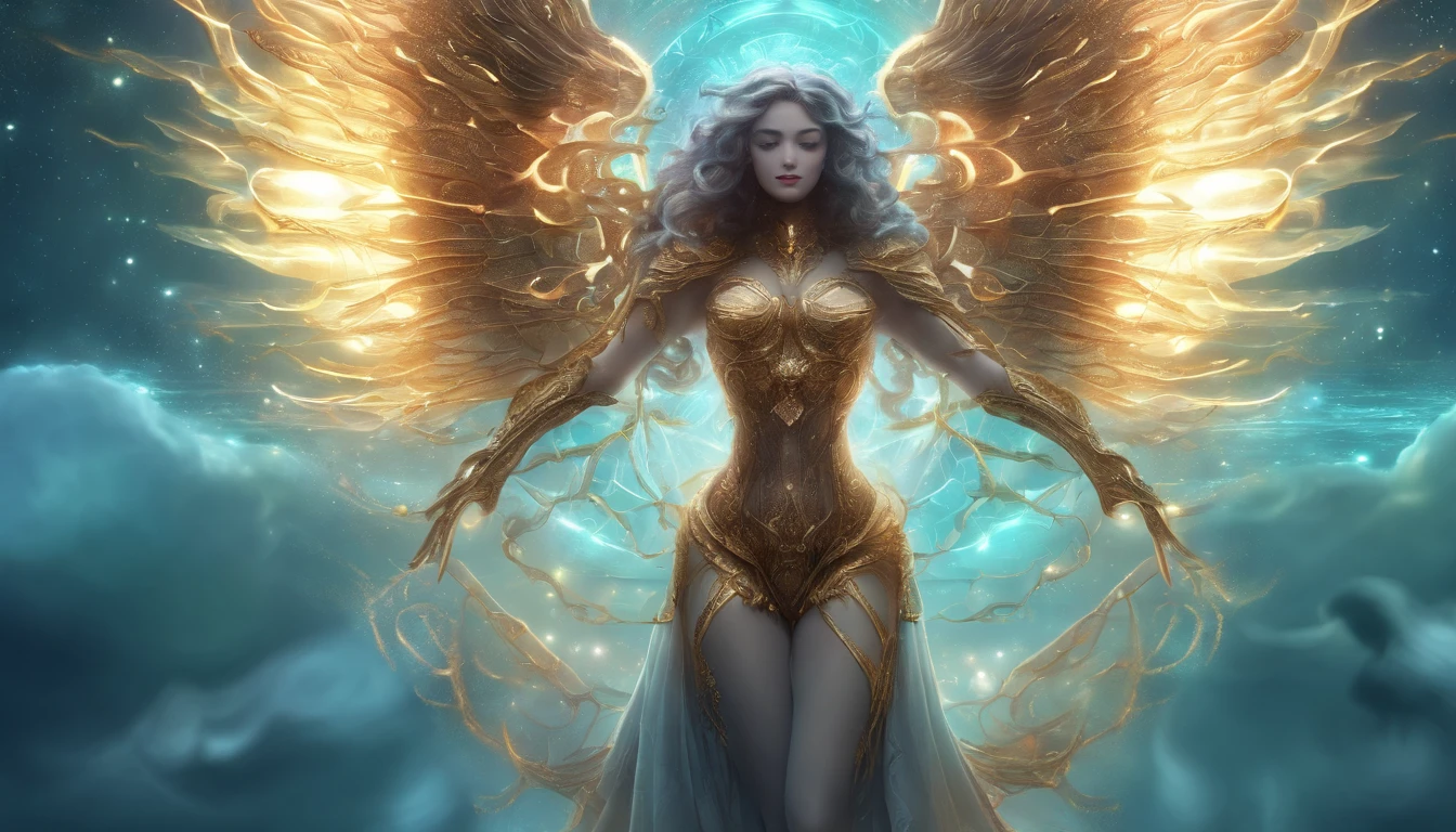 Cosmic Fallen Angel, glowing light eyes, Delicate and beautiful face，Bigchest，Biomechanical, eerie, Dream-like, Very bright colors, Light particles, with light glowing, Mshiv, wallpaper art, UHD wallpaper