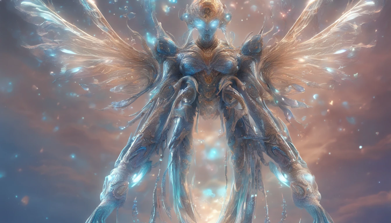 Cosmic Fallen Angel, glowing light eyes, Delicate and beautiful face,Bigchest,Biomechanical, eerie, Dream-like, Very bright colors, Light particles, with light glowing, Mshiv, wallpaper art, UHD wallpaper