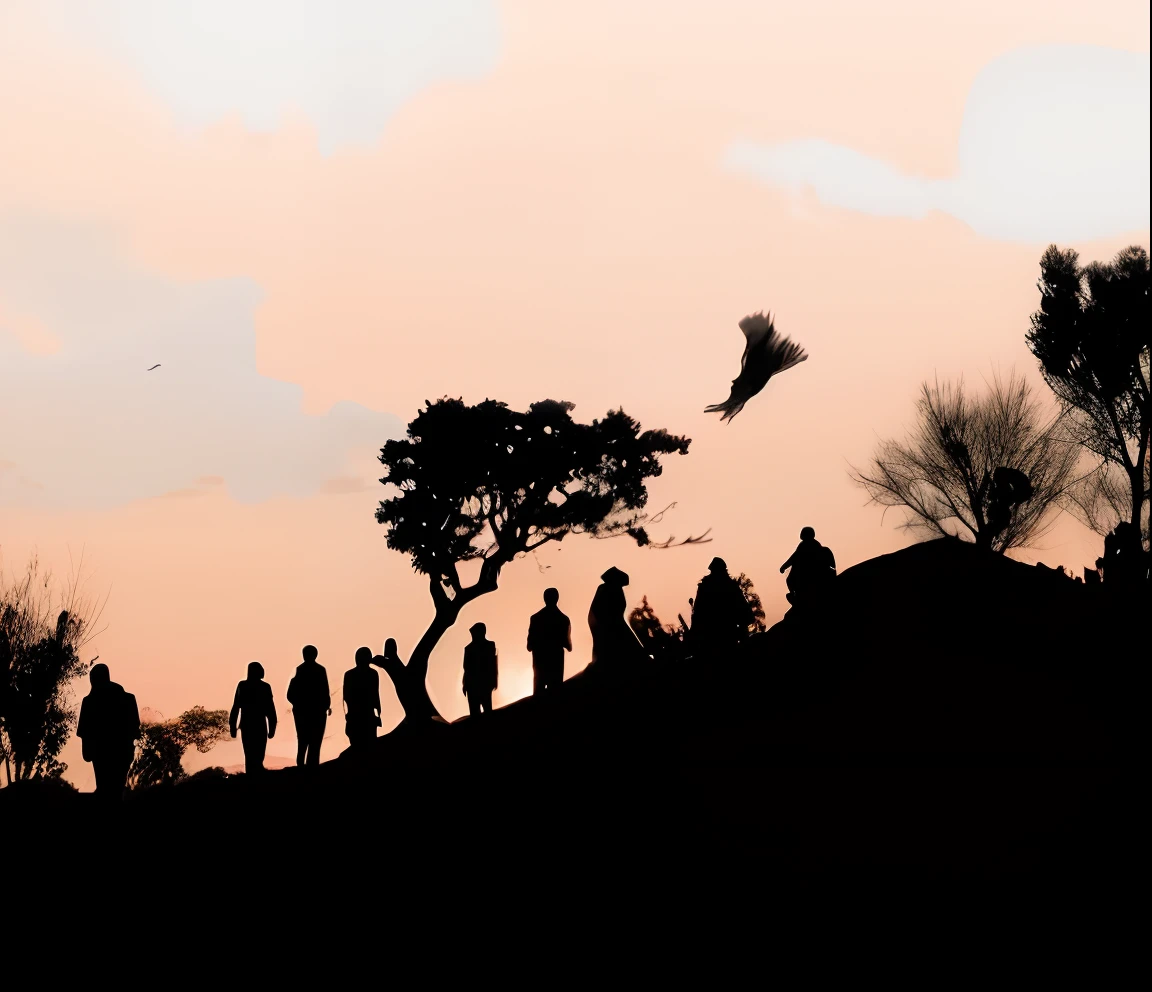 9 shadow men standing on top the hill, there are threes, in sunset, high quality picture with cinematic effect