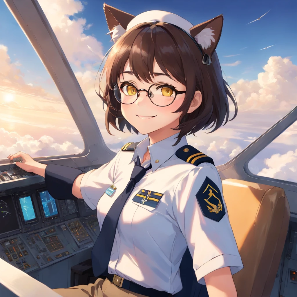Amid Faux ASI's aviation bliss, a sudden twist upends his life. Escalating conflict leads to his unexpected draft into the Airforce. From the peaceful skies, he's thrust into the cockpit of fighter jets—F-16C for precision strikes, F-22 for air superiority, F-35 for versatile missions, and A-10 for ground support. Under the callsign "Senpai 1-1," Faux must embrace this new role. 1girl, short black bob hair, yellow eyes, Round glasses, tan skin,dark skin ,BROWN SKIN, SHE HAS LIGHT BROWN SKIN, petite body, wearing plain white formal work shirt, wearing long black pants, business tie, absurdres, high res, ultrasharp, 8k, masterpiece, looking at viewer, cat ears, airline pilot uniform, airline pilot hat, white background, short sleeve, bangs, flat chest, whiskers, androgynous, she has cat ears on her head, she has cat teeth, cloudy background, holding pet black cat, smiling, large round glasses, no airplanes, airplane cabin background, wearing a choker on neck, collar on her neck, F-18 cockpit