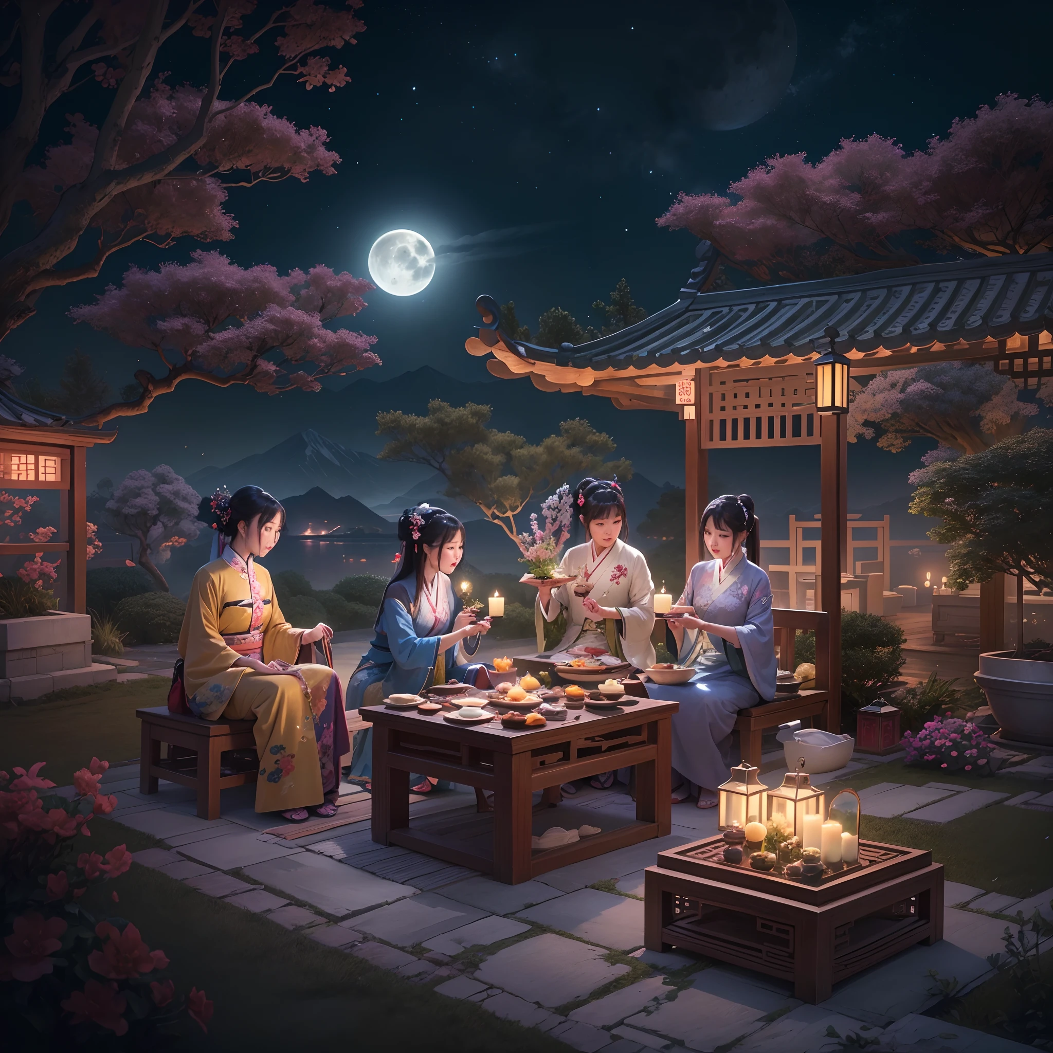 (Best quality,4K,8K,A high resolution,Masterpiece:1.2),Ultra-detailed,(Realistic,Photorealistic,photo-realistic:1.37),Picnic in the moonlight,Outdoor night view,Fun family gathering,Bonding moments,Delicious mooncakes,(Bright full moon),Caring family members,Enjoy the cool night breeze,laughter and joy,Decorate mooncake boxes,Warm tones,Soft lighting,Beautifully decorated garden,(moon full),Tang dynasty costumes,Traditional Chinese gardens,Majestic mountains in the background,Chinese calligraphy hanging from the garden pavilion,Willow trees swaying in the wind,Traditional tea ceremony,Delicate floral decoration,The air is filled with fragrance,Create a festive atmosphere.