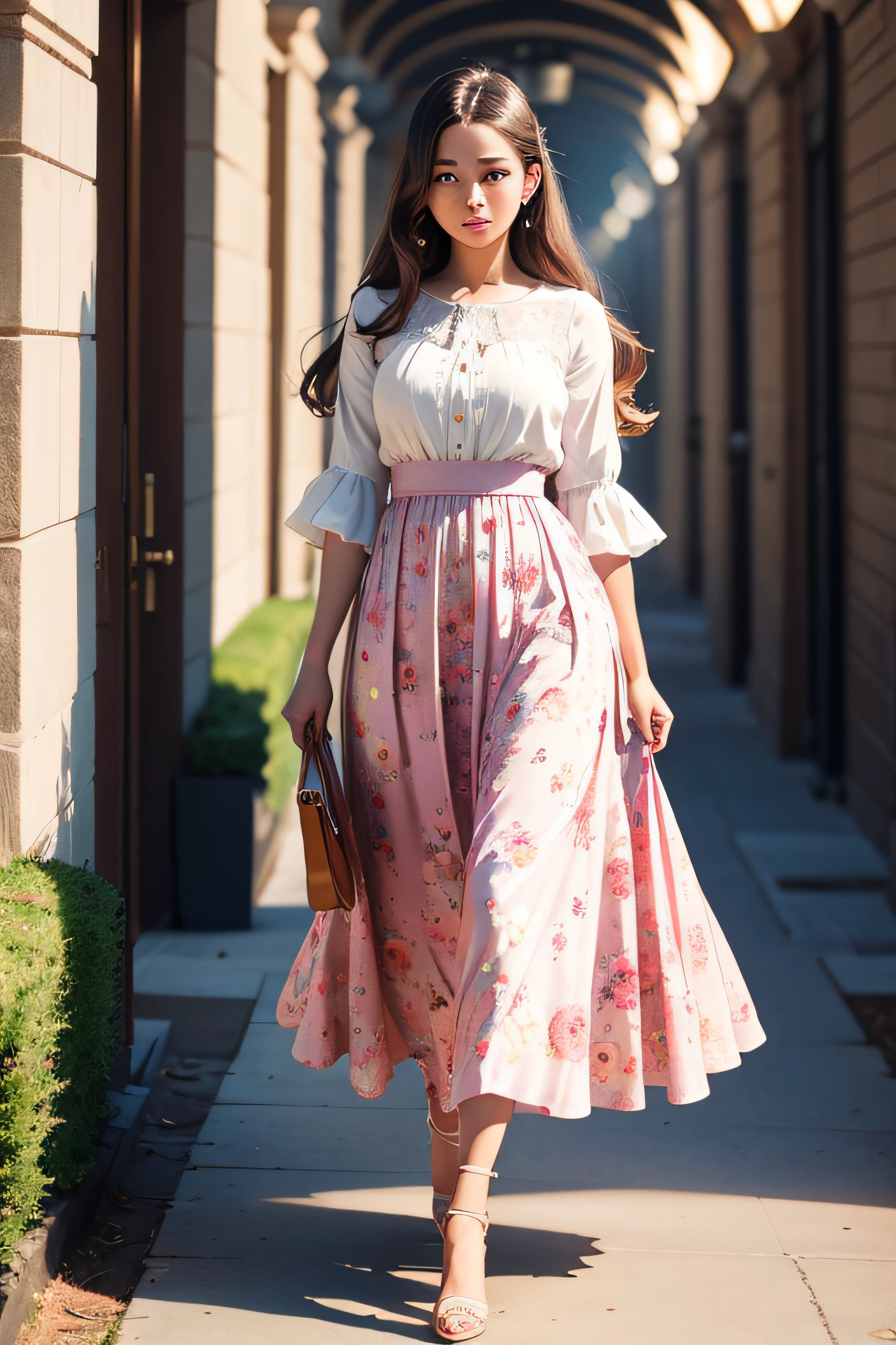 s girl,Floral dress,long skirt,Tall,dignified,The face is delicate,Beautiful makeup,womanly,Goose egg face,standing on your feet,Full body photo,Walking photos,high-heels,stocklings