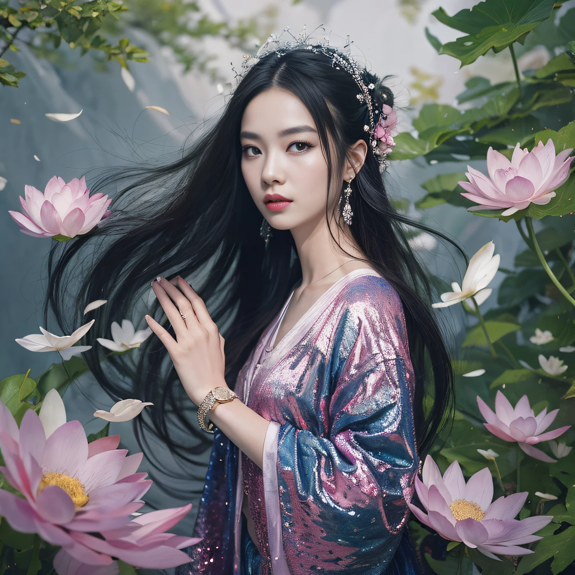 32K(tmasterpiece,k hd,hyper HD,32K)Long flowing black hair,ponds,zydink, a color, Aozhou people (Concubine girl), (Purple silk scarf), Combat posture, looking at the ground, long whitr hair, Floating hair, Carp pattern headdress, Chinese long-sleeved clothing, (Abstract gouache splash:1.2), Pink petal background,Pink and white lotus flowers fly(realisticlying:1.4),Black color hair,Fallen leaves flutter,The background is pure, A high resolution, the detail, RAW photogr, Sharp Re, Nikon D850 Film Stock Photo by Jefferies Lee 4 Kodak Portra 400 Camera F1.6 shots, Rich colors, ultra-realistic vivid textures, Dramatic lighting, Unreal Engine Art Station Trend, cinestir 800,Long flowing black hair,Denim skirt