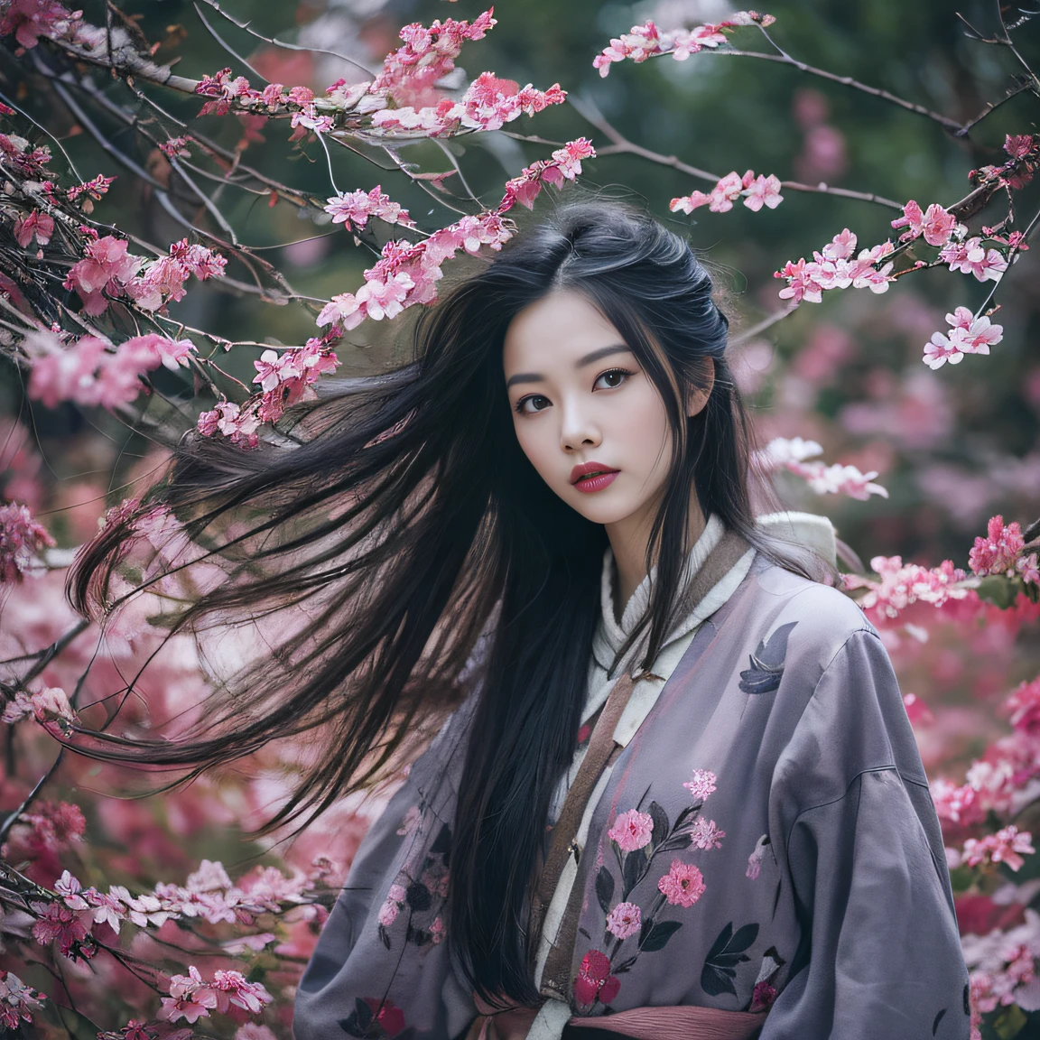 32K(tmasterpiece,k hd,hyper HD,32K)Long flowing black hair,ponds,zydink, a color, Aozhou people (Concubine girl), (Purple silk scarf), Combat posture, looking at the ground, long whitr hair, Floating hair, Carp pattern headdress, Chinese long-sleeved clothing, (Abstract gouache splash:1.2), Pink petal background,Pink and white lotus flowers fly(realisticlying:1.4),Black color hair,Fallen leaves flutter,The background is pure, A high resolution, the detail, RAW photogr, Sharp Re, Nikon D850 Film Stock Photo by Jefferies Lee 4 Kodak Portra 400 Camera F1.6 shots, Rich colors, ultra-realistic vivid textures, Dramatic lighting, Unreal Engine Art Station Trend, cinestir 800,Long flowing black hair,Denim skirt