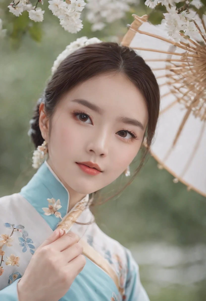 A cute Chinese model girl, 独奏, exteriors, Hanfu, Estampados florales, hair adornments, looking at viewert, hairflower, Brown eyes, By bangs, tmasterpiece, Best quality, Realistis，solo person，long whitr hair，Light blue Hanfu，ancient wind，largeeyes，long eyelasher，Close-up，Holding an oil-paper umbrella in his hand，light wind，drizzle，white blossoms，Bell flower bouquet