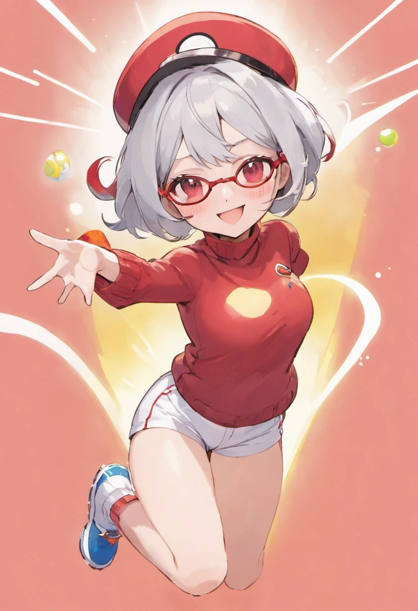 Red Baseball Cap.White shorts with right hand sticking forward,Turtleneck knitwear,Red glasses,Hi-Res, 1womanl,Pose with your right arm stretched forward, 独奏,Holding a Poké Ball in Your Hands, grey eyes, white hair, Red glasses,Red Baseball Cap, Red knitted turtleneck with long sleeves, White shorts, a belt, stadio, deph of field, The best smile, Stick out the arm holding the poké ball, put hands on the hip,