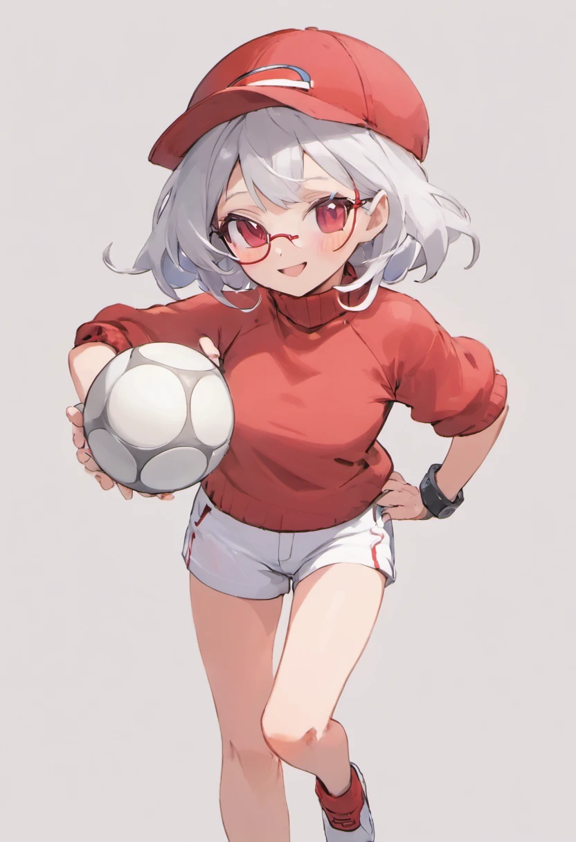 Red Baseball Cap.White shorts with right hand sticking forward,Turtleneck knitwear,Red glasses,Hi-Res, 1womanl,Pose with your right arm stretched forward, 独奏,Holding a Poké Ball in Your Hands, grey eyes, white hair, Red glasses,Red Baseball Cap, Red knitted turtleneck with long sleeves, White shorts, a belt, stadio, deph of field, The best smile, Stick out the arm holding the poké ball, put hands on the hip,