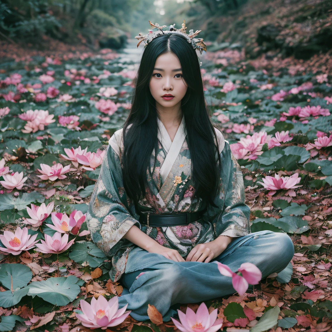 32K(tmasterpiece,k hd,hyper HD,32K)Long flowing black hair,ponds,zydink, a color, Aozhou people (Concubine girl), (Purple silk scarf), Combat posture, looking at the ground, long whitr hair, Floating hair, Carp pattern headdress, Chinese long-sleeved clothing, (Abstract gouache splash:1.2), Pink petal background,Pink and white lotus flowers fly(realisticlying:1.4),Black color hair,Fallen leaves flutter,The background is pure, A high resolution, the detail, RAW photogr, Sharp Re, Nikon D850 Film Stock Photo by Jefferies Lee 4 Kodak Portra 400 Camera F1.6 shots, Rich colors, ultra-realistic vivid textures, Dramatic lighting, Unreal Engine Art Station Trend, cinestir 800,Long flowing black hair,Denim skirt