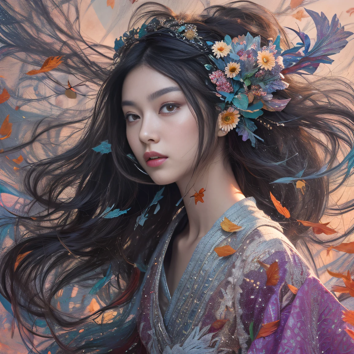 32K（tmasterpiece，k hd，hyper HD，32K）Long flowing black hair，ponds，zydink， a color， Aozhou people （Concubine girl）， （Purple silk scarf）， Combat posture， looking at the ground， long whitr hair， Floating hair， Carp pattern headdress， Chinese long-sleeved clothing， （Abstract gouache splash：1.2）， Pink petal background，Pink and white lotus flowers fly（realisticlying：1.4），Black color hair，Fallen leaves flutter，The background is pure， A high resolution， the detail， RAW photogr， Sharp Re， Nikon D850 Film Stock Photo by Jefferies Lee 4 Kodak Portra 400 Camera F1.6 shots, Rich colors, ultra-realistic vivid textures, Dramatic lighting, Unreal Engine Art Station Trend, cinestir 800，Long flowing black hair，Denim skirt