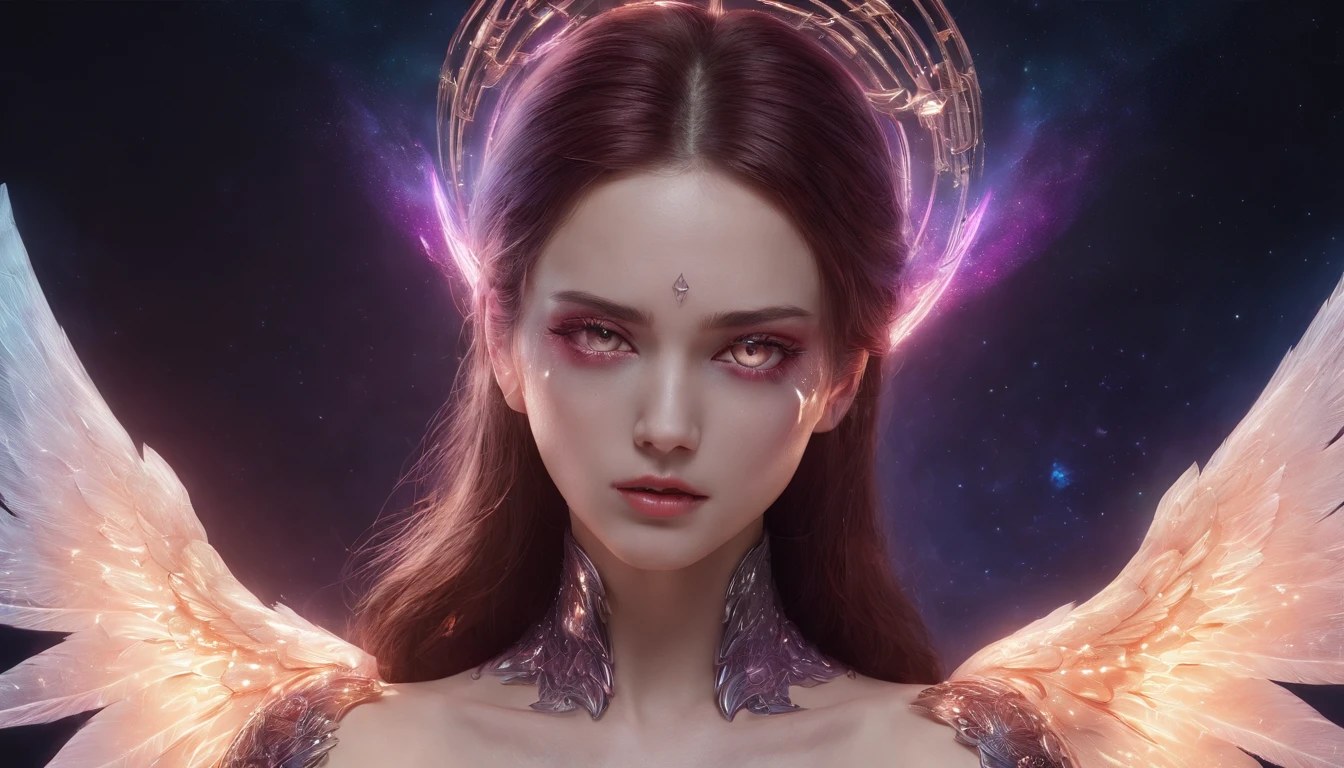 Cosmic Fallen Angel, glowing light eyes, Delicate and beautiful face,Bigchest,Biomechanical, eerie, Dream-like, Very bright colors, Light particles, with light glowing, Mshiv, wallpaper art, UHD wallpaper