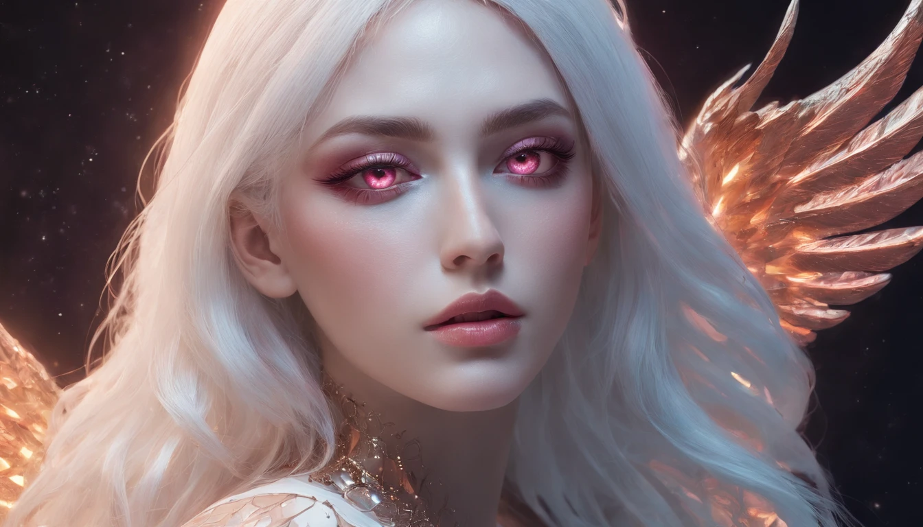 Cosmic Fallen Angel, glowing light eyes, Delicate and beautiful face,Bigchest,Biomechanical, eerie, Dream-like, Very bright colors, Light particles, with light glowing, Mshiv, wallpaper art, UHD wallpaper
